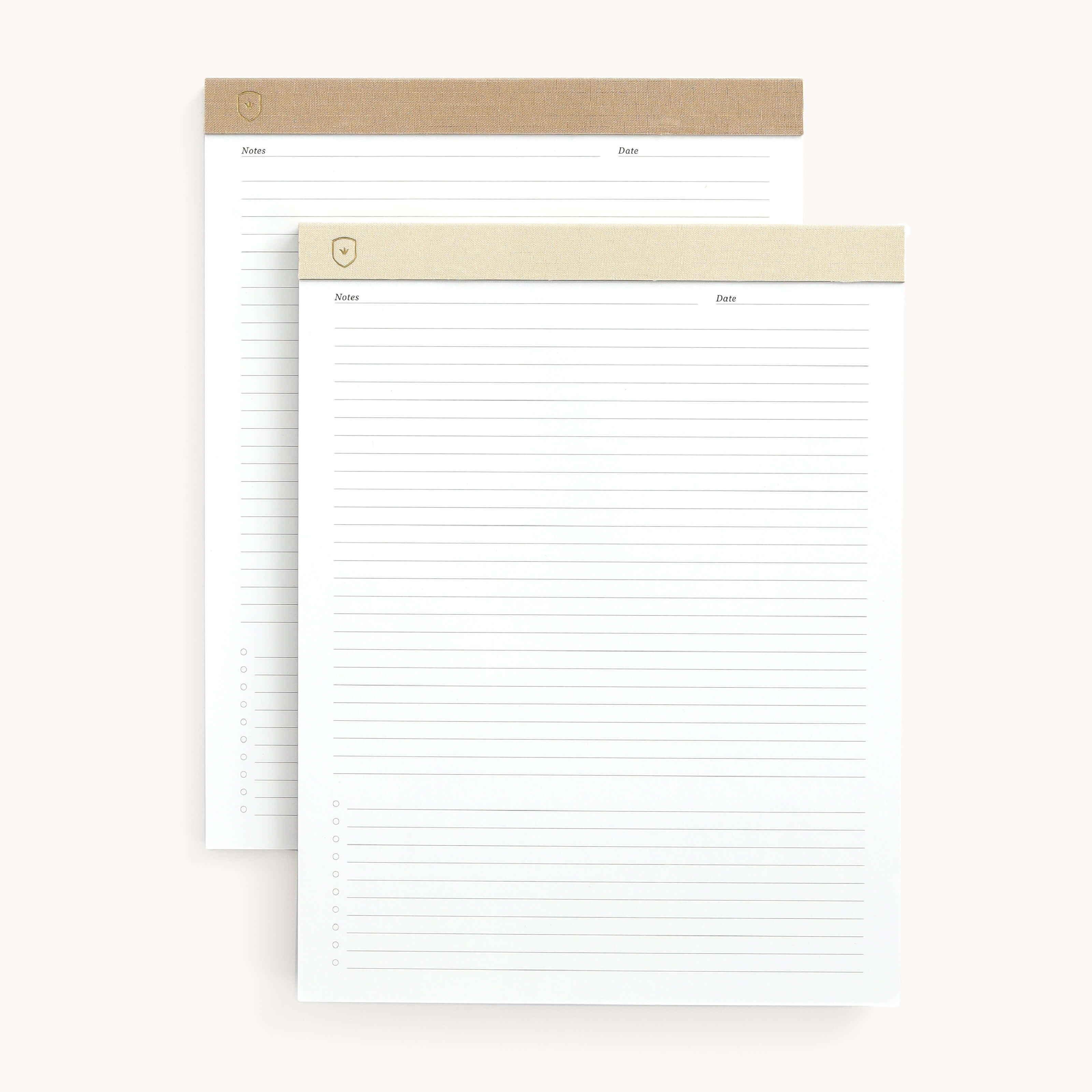 Discover the Simplified Legal Pad Set - Ivory & Fawn Dapperdesk, a premium notepad with elegant gold foil lettering on brown top bindings. Each page features sections for Notes and Date, with spacious lines and checkboxes in a sophisticated offset design.