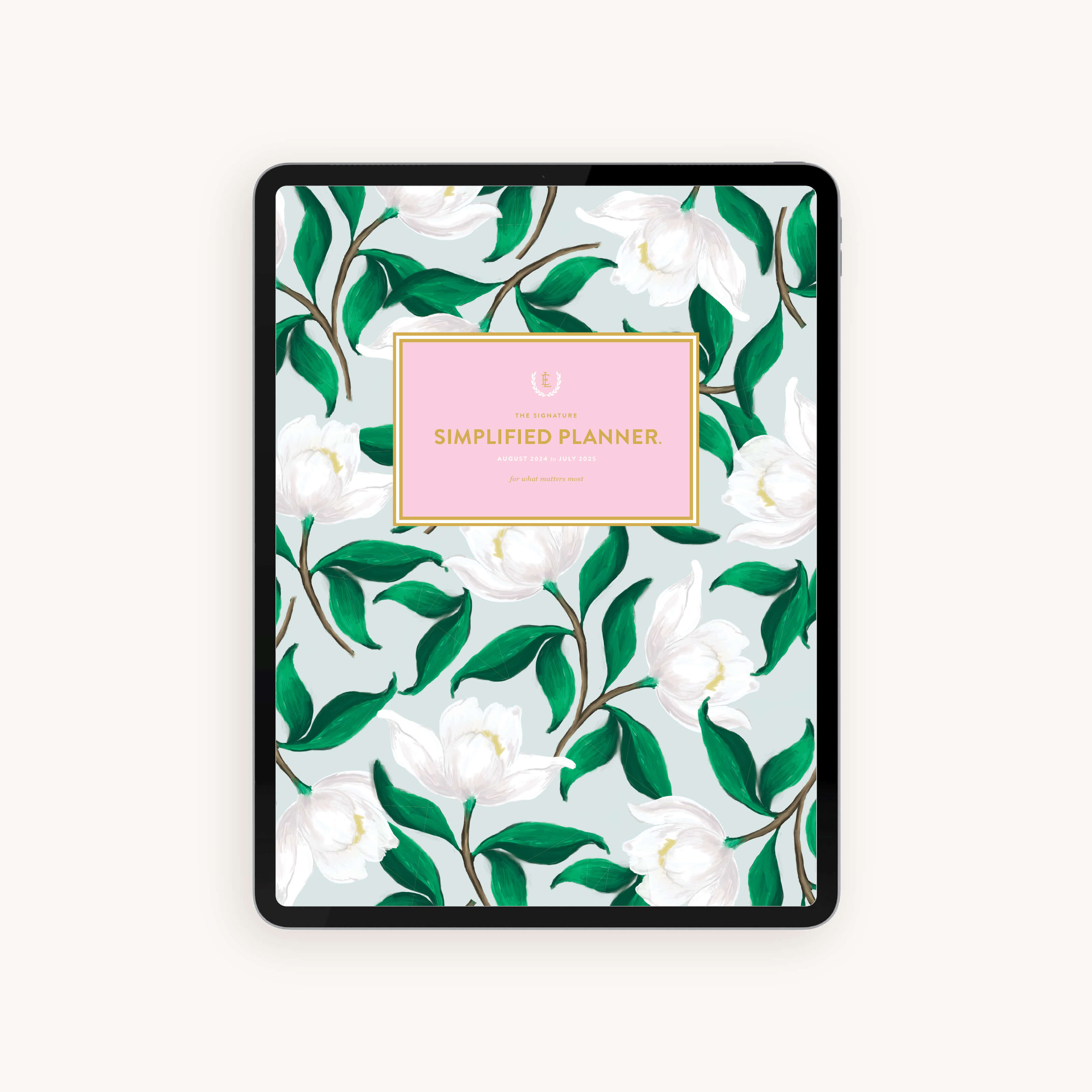 2024-2025 Digital Simplified Planner by Emily Ley displaying six customizable cover designs, including Happy Stripe, Gold Pineapple, and Navy Blooms, compatible with iPad and Android tablets.