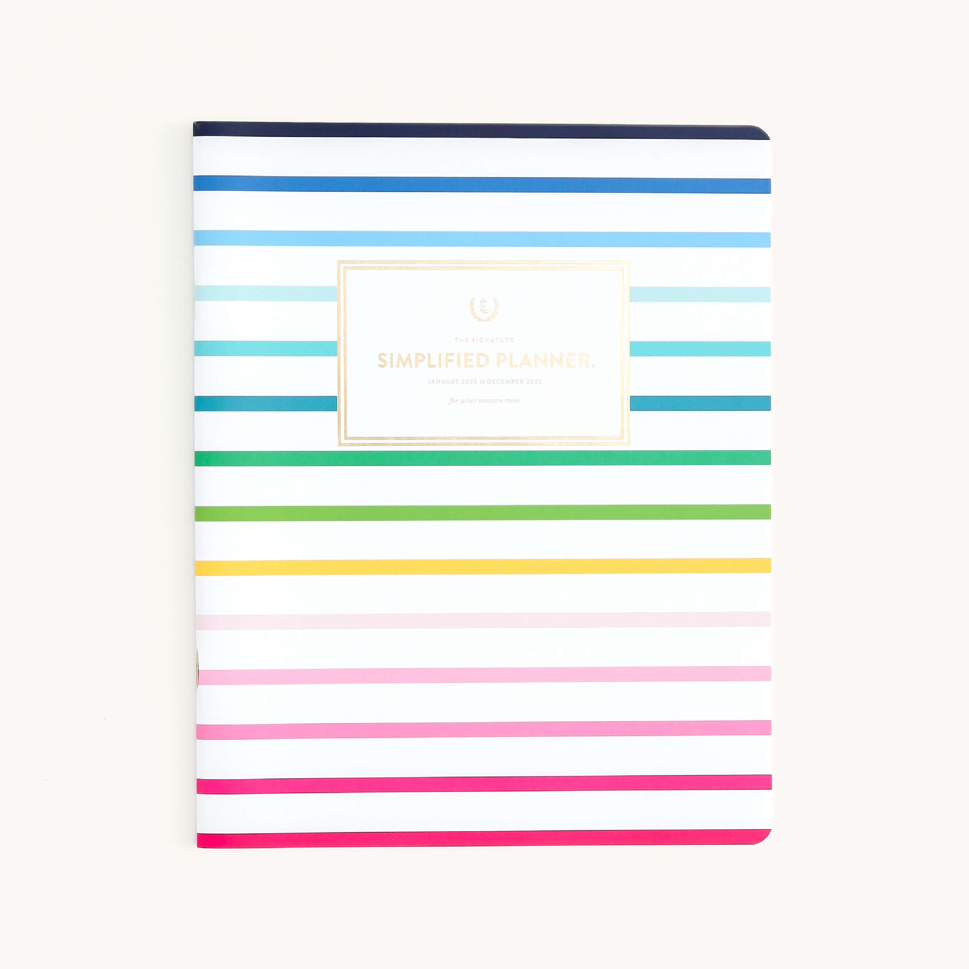 2025 Calendar Year Monthly Planner by Emily Ley featuring a Happy Stripe cover.