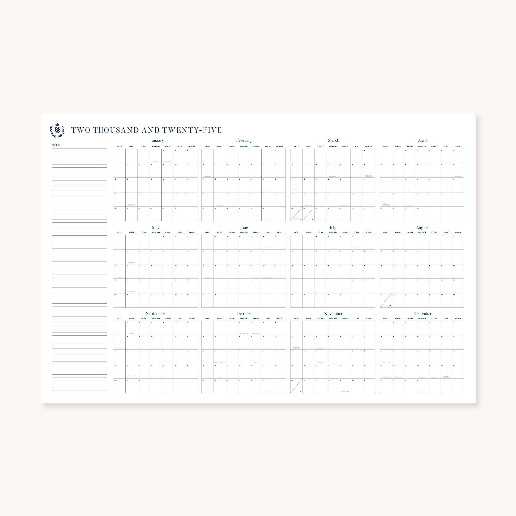 Explore the Simplified 2025 Wall Calendar - Printable, featuring a sleek grid layout with labeled months and a lined notes section. Its predominantly white design with blue text adds elegance to any space.