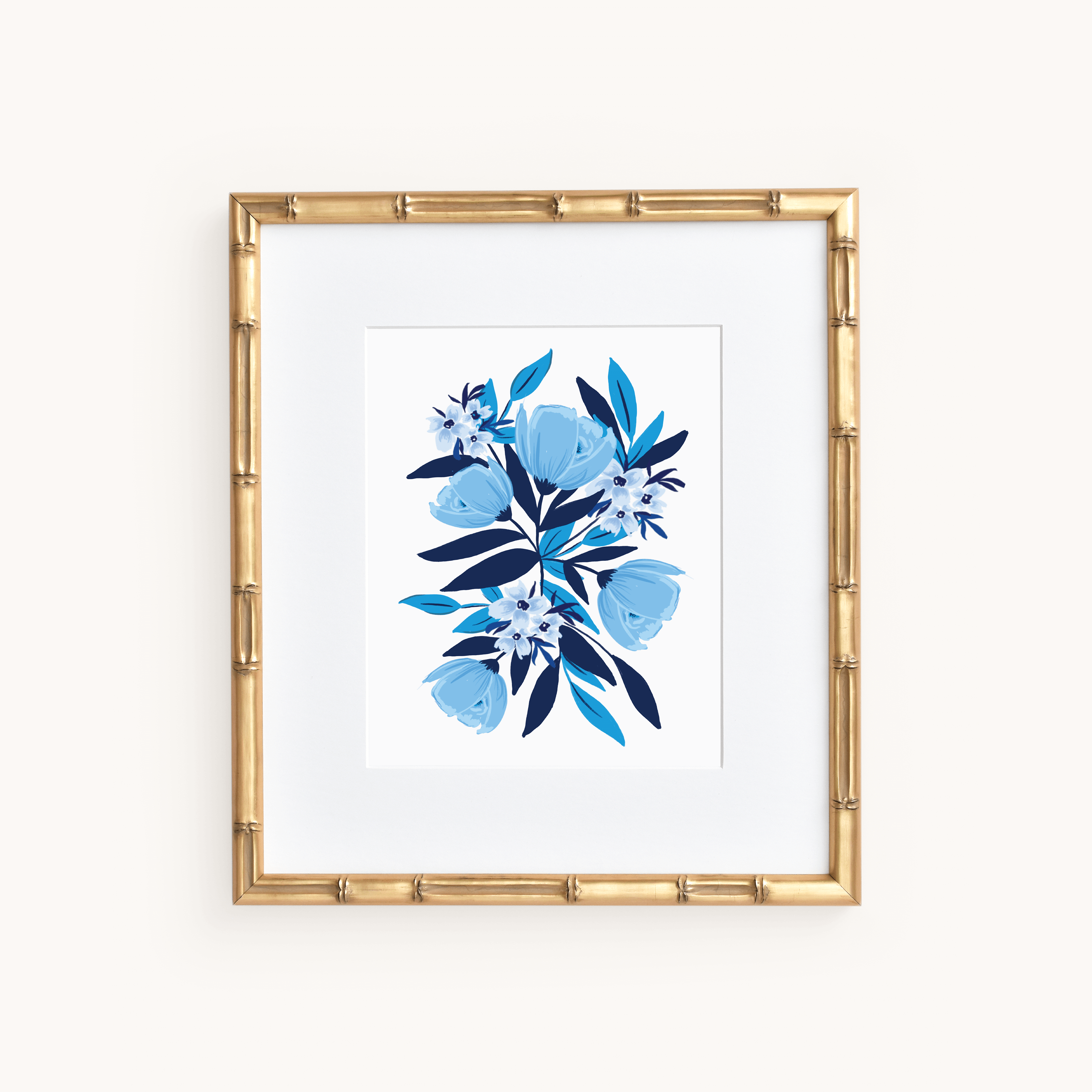 The Art Print - Blue Blooms by Simplified is a framed artwork featuring blue and white floral designs on a white background. It showcases an elegant gold frame with a bamboo-like texture, perfect for blending into any art collection.