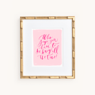 Enhance any room with Simplifieds Art Print - Who Says, featuring a elegant quote in handwritten script on a pink background, framed in a gold bamboo-style design asking, Who says you have to be busy all the time?.