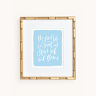 The Art Print - The Good Life by Simplified showcases white cursive text, The good life is sweet and slow and rich and flawed, on a light blue background with bamboo-style elegance, ideal for those who seek refined decor.