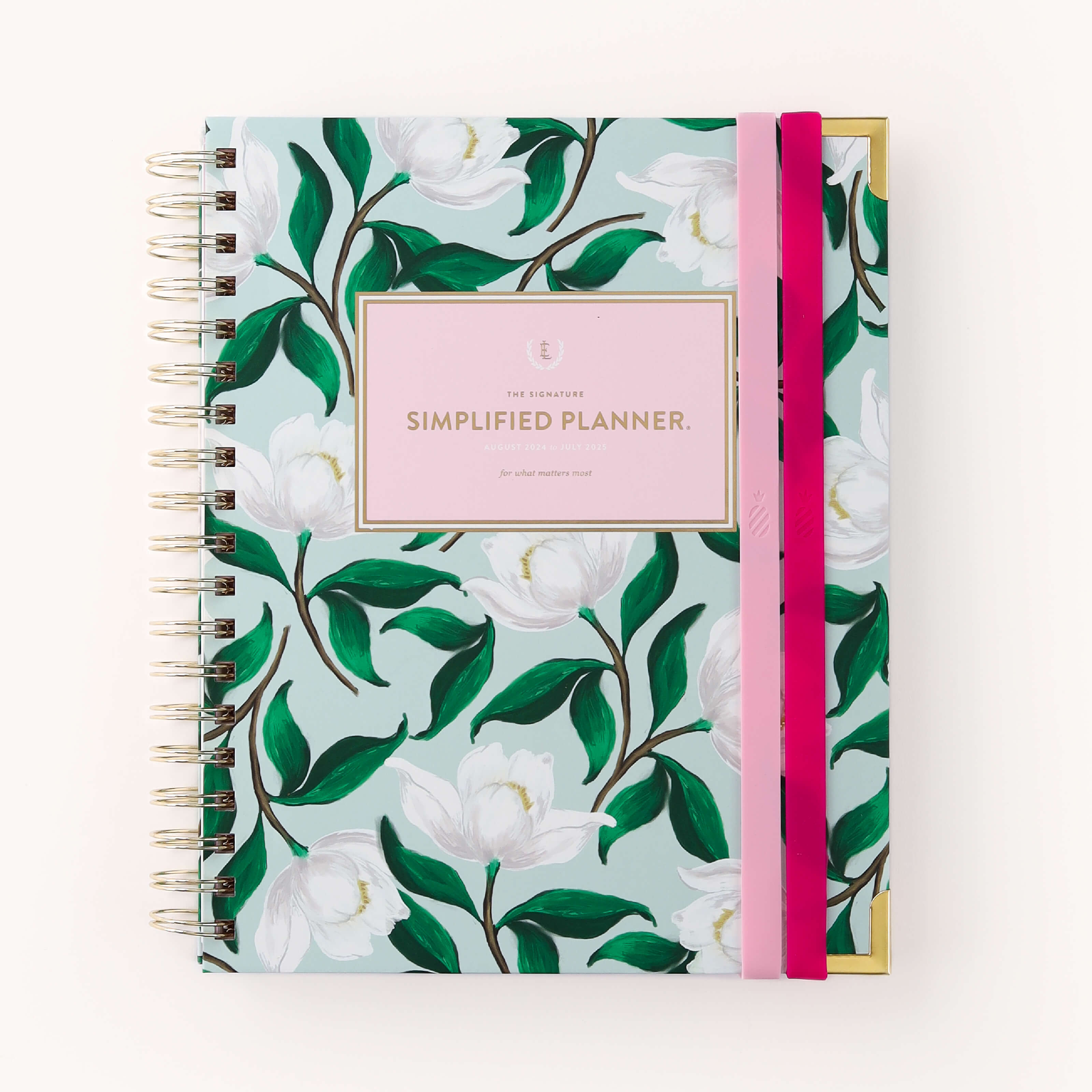 Raspberry and Blush Stretchy Bands used to securely close a Savannah Blooms Simplified Planner.