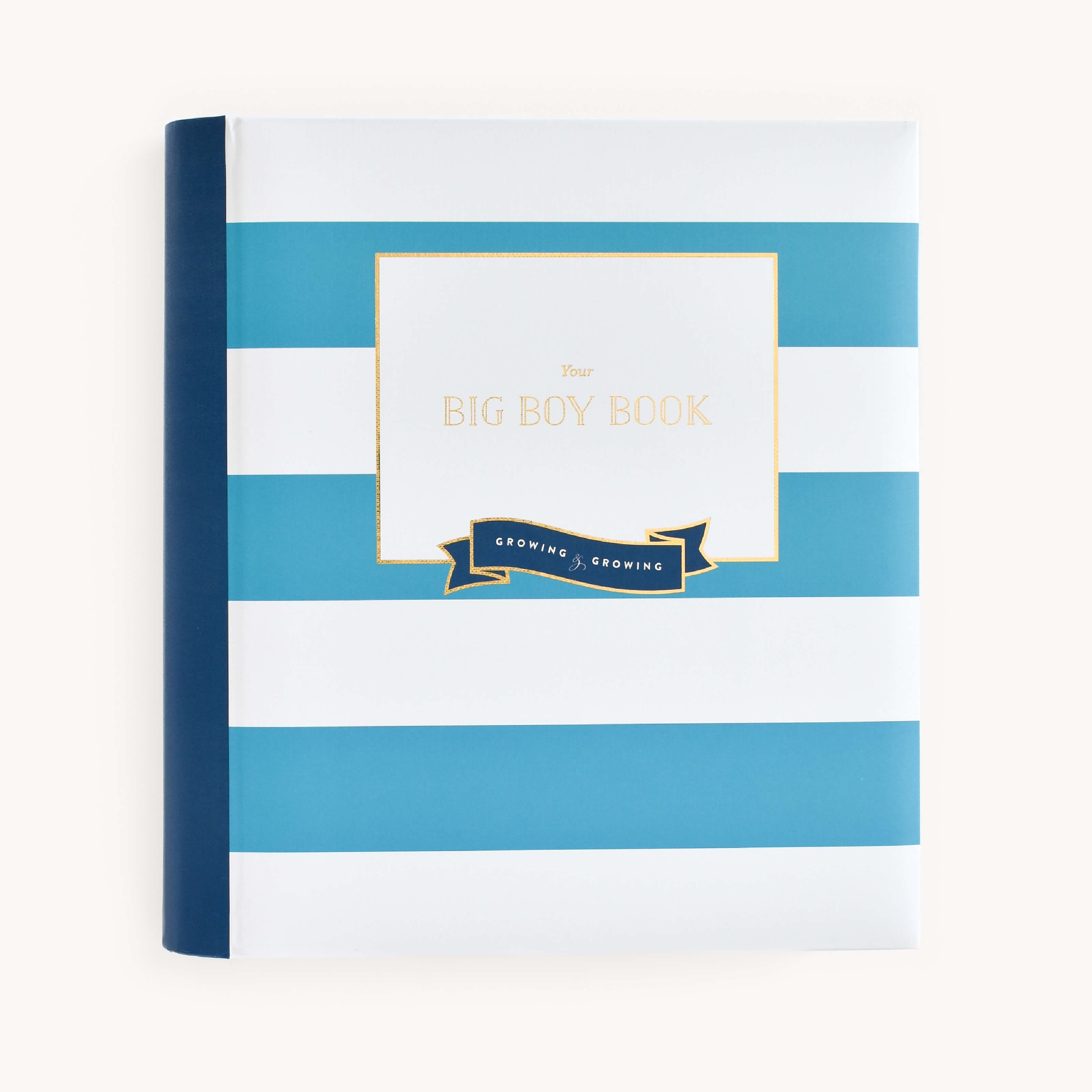 A blue and white striped book with a navy spine has a gold-bordered rectangle reading Your BIG BOY BOOK and a navy ribbon saying GROWING & GROWING in gold. This memorable keepsake from Simplified captures child growth milestones, reminiscent of the cherished Big Kid Book - Teal.