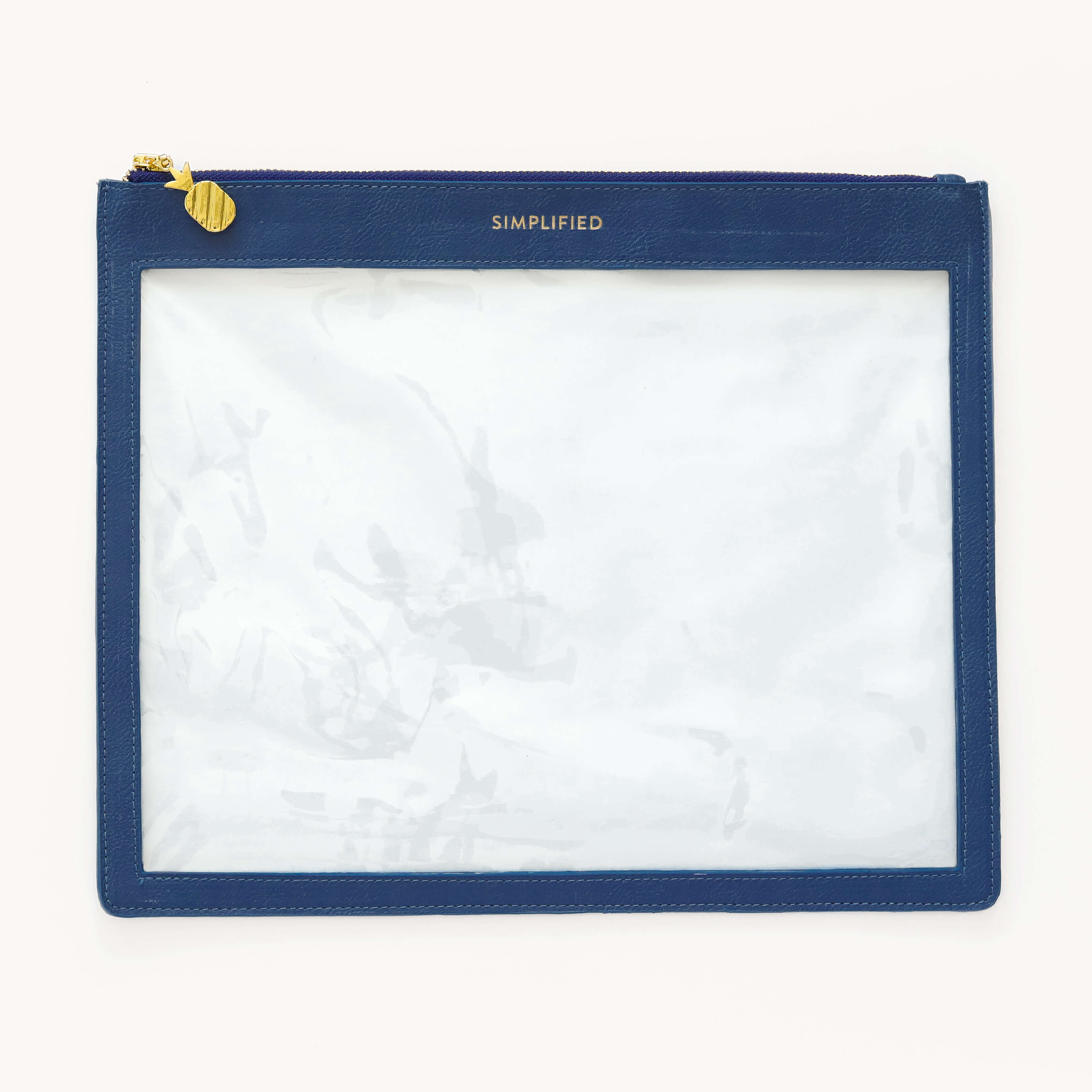 Simplified Clear Pouch in Navy featuring a clear window, gold foil Simplified logo , and gold pineapple zipper pull.