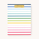 Meet the Simplified Clipfolio - Happy Stripe: a vibrant clipboard with blue, green, yellow, pink, and red stripes on white. Ideal for organizing work, it features a stylish gold clip to keep your documents secure.