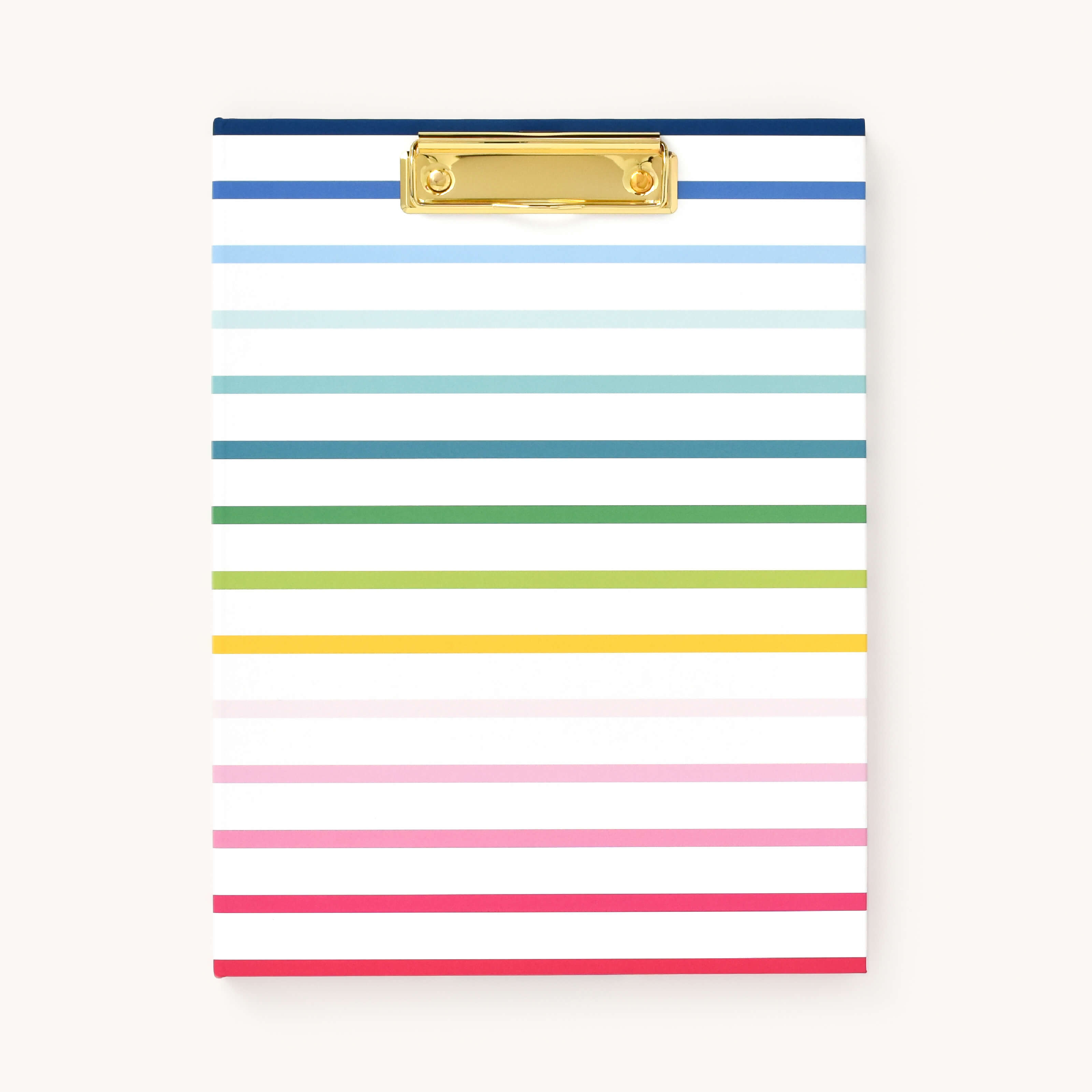 Meet the Simplified Clipfolio - Happy Stripe: a vibrant clipboard with blue, green, yellow, pink, and red stripes on white. Ideal for organizing work, it features a stylish gold clip to keep your documents secure.