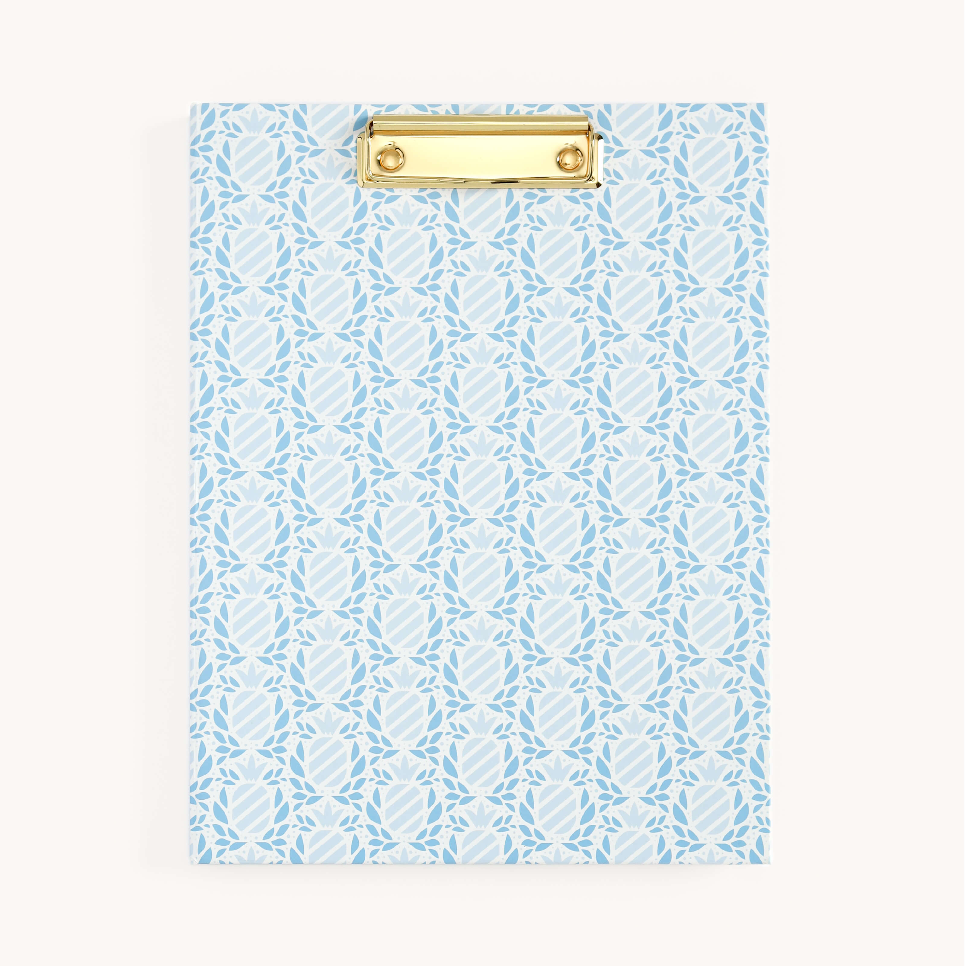 The Simplified Clipfolio - Blue Pineapples showcases a blue geometric pattern with circular designs on a white background and is topped with a gold metallic clip, ideal for organizing your notes.