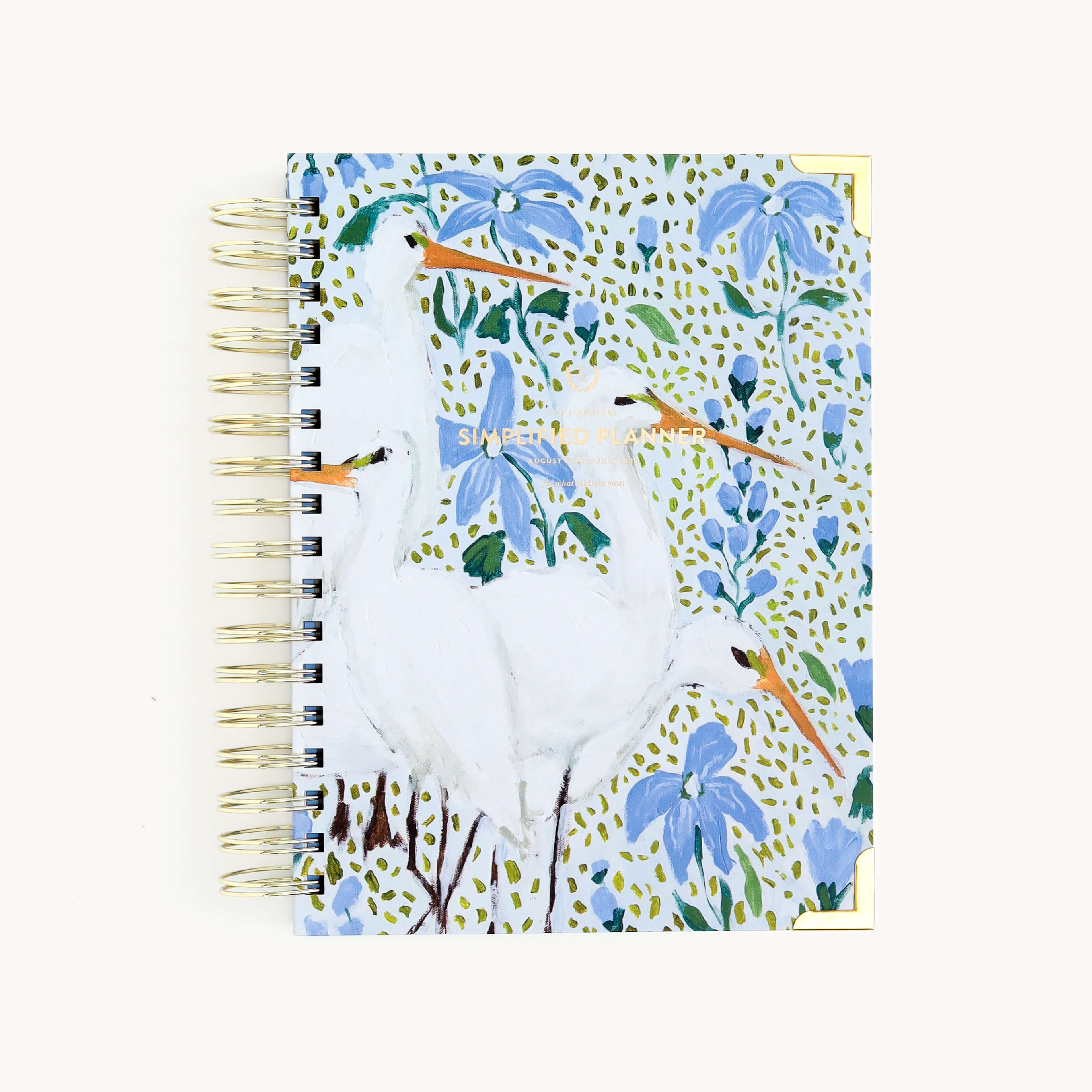 2024-2025 Academic Year Daily Simplified Planner by Emily Ley featuring the Beaufort Birdies cover design with gold foil details.