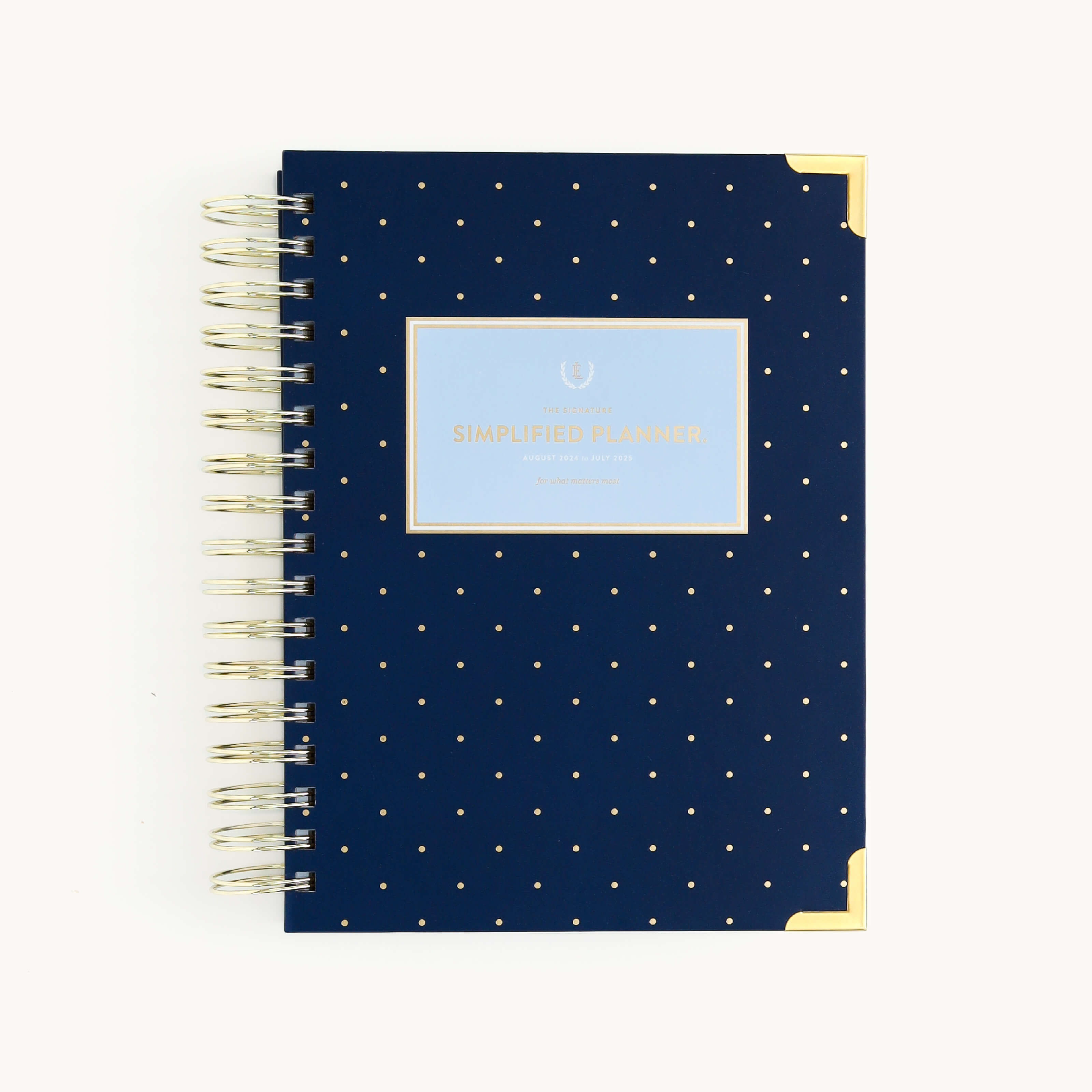 2024-2025 Academic Year Daily Simplified Planner by Emily Ley featuring the Dainty Dot cover design with gold foil details.