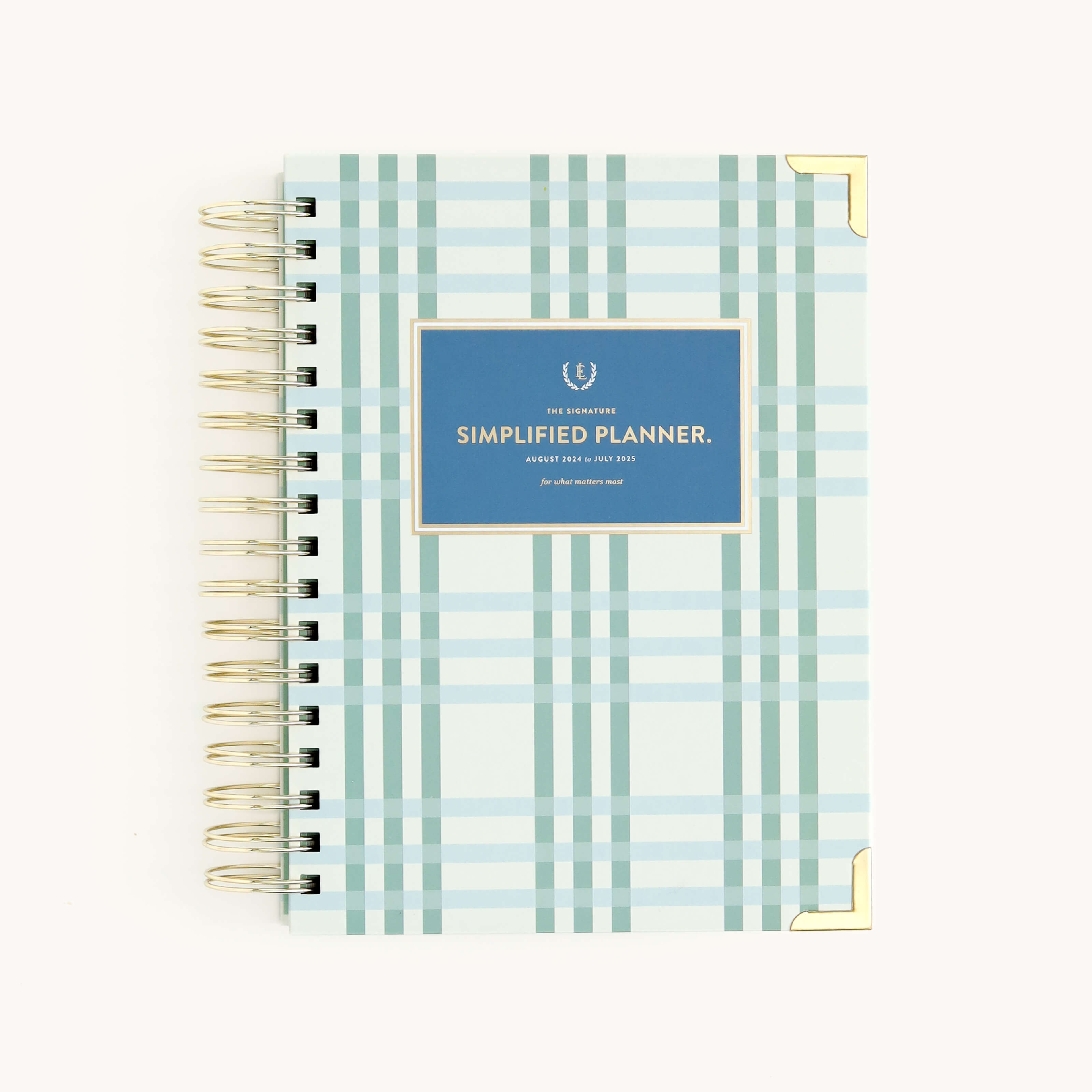 2024-2025 Academic Year Daily Simplified Planner by Emily Ley featuring the Pistachio Plaid cover design with gold foil details.