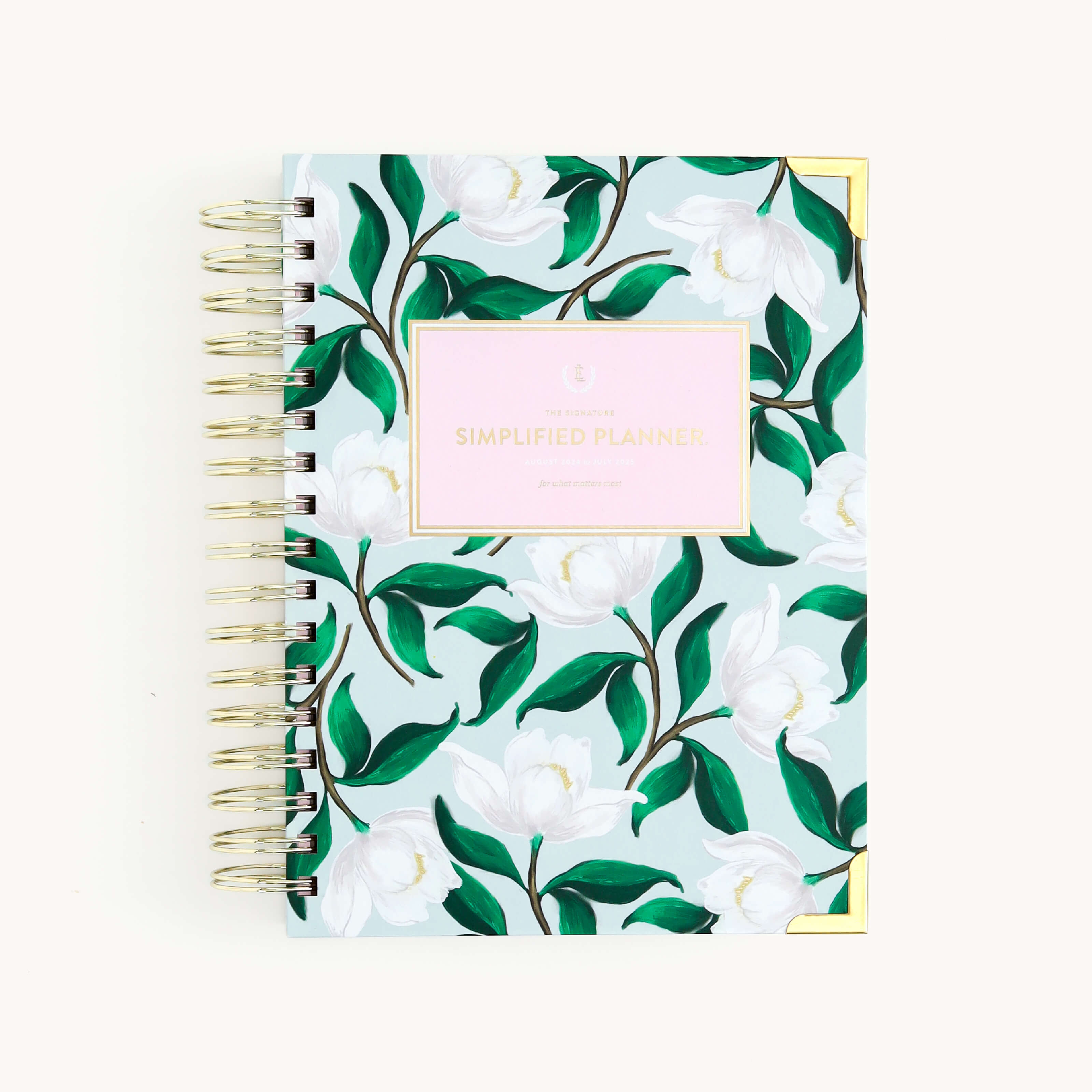 2024-2025 Academic Year Daily Simplified Planner by Emily Ley featuring the Savannah Blooms cover design with gold foil details.