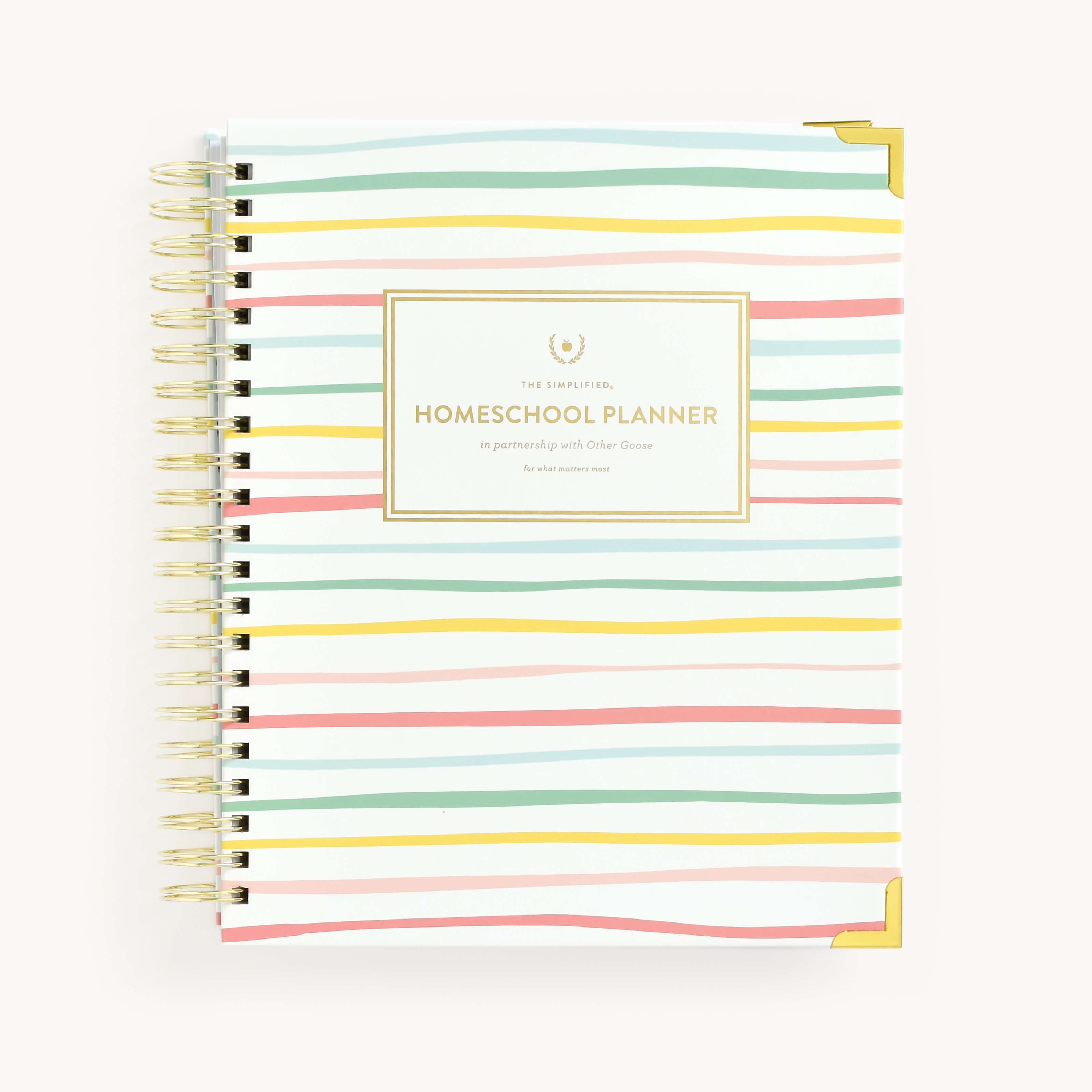 Simplified Homeschool Planner by Emily Ley featuring a painted stripe cover, gold protective corners, and a gold wire-o binding.