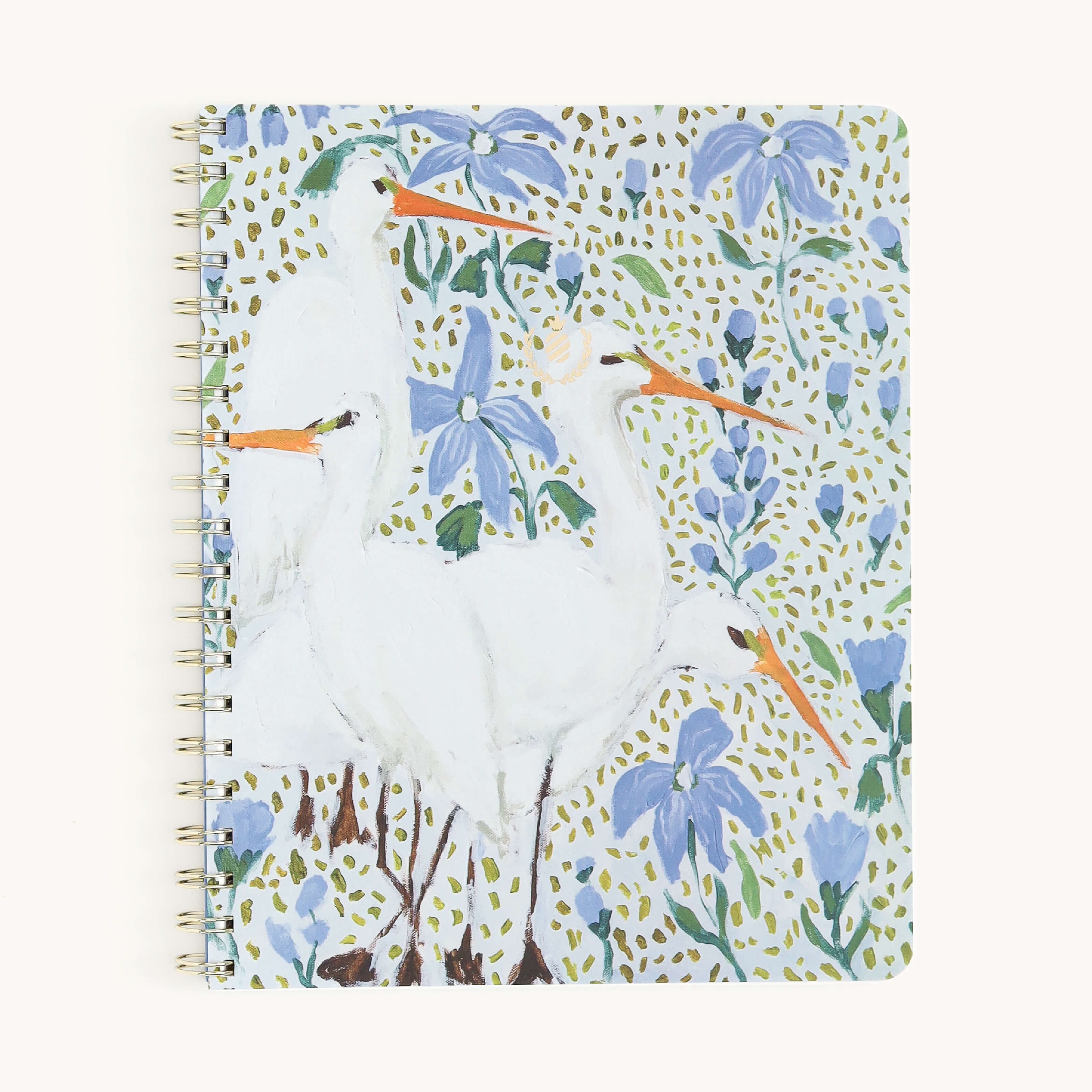 The Notebook - Beaufort Birdies by Simplified boasts a spiral-bound, soft-touch cover adorned with white egrets amidst blue flowers and green leaves, complemented by elegant gold wire-o binding.