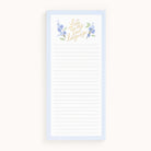 The Tall Notepad - Lists Are My Love Language by Simplified features lined paper with a light blue border, accented by delicate blue flowers and the elegantly scripted phrase Lists are my love language in gold, perfect for jotting down grocery lists.