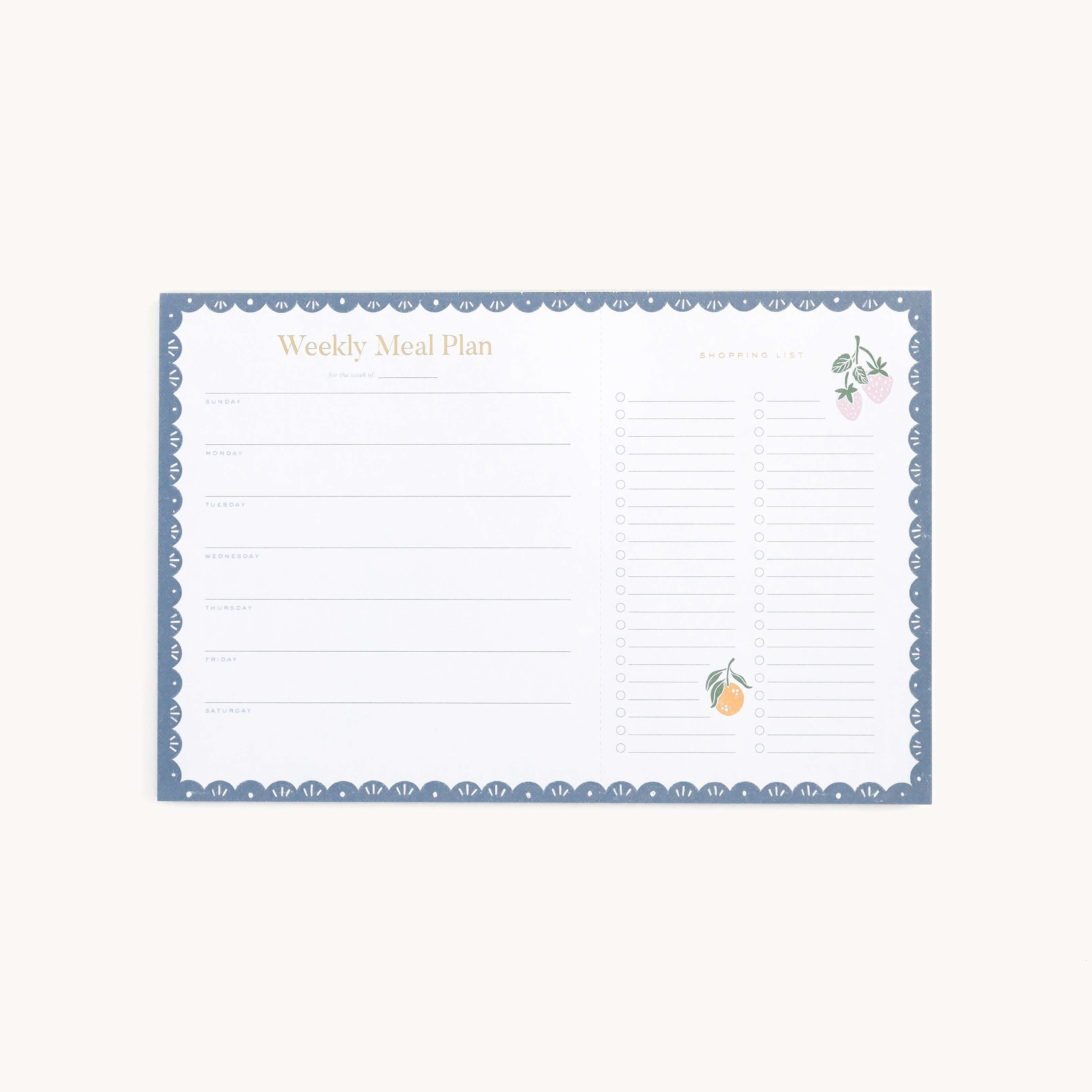 The Simplified Meal Planning Notepad features a blue-bordered design with peach and strawberry illustrations, offering sections for each day and an integrated grocery list to ease your meal planning.