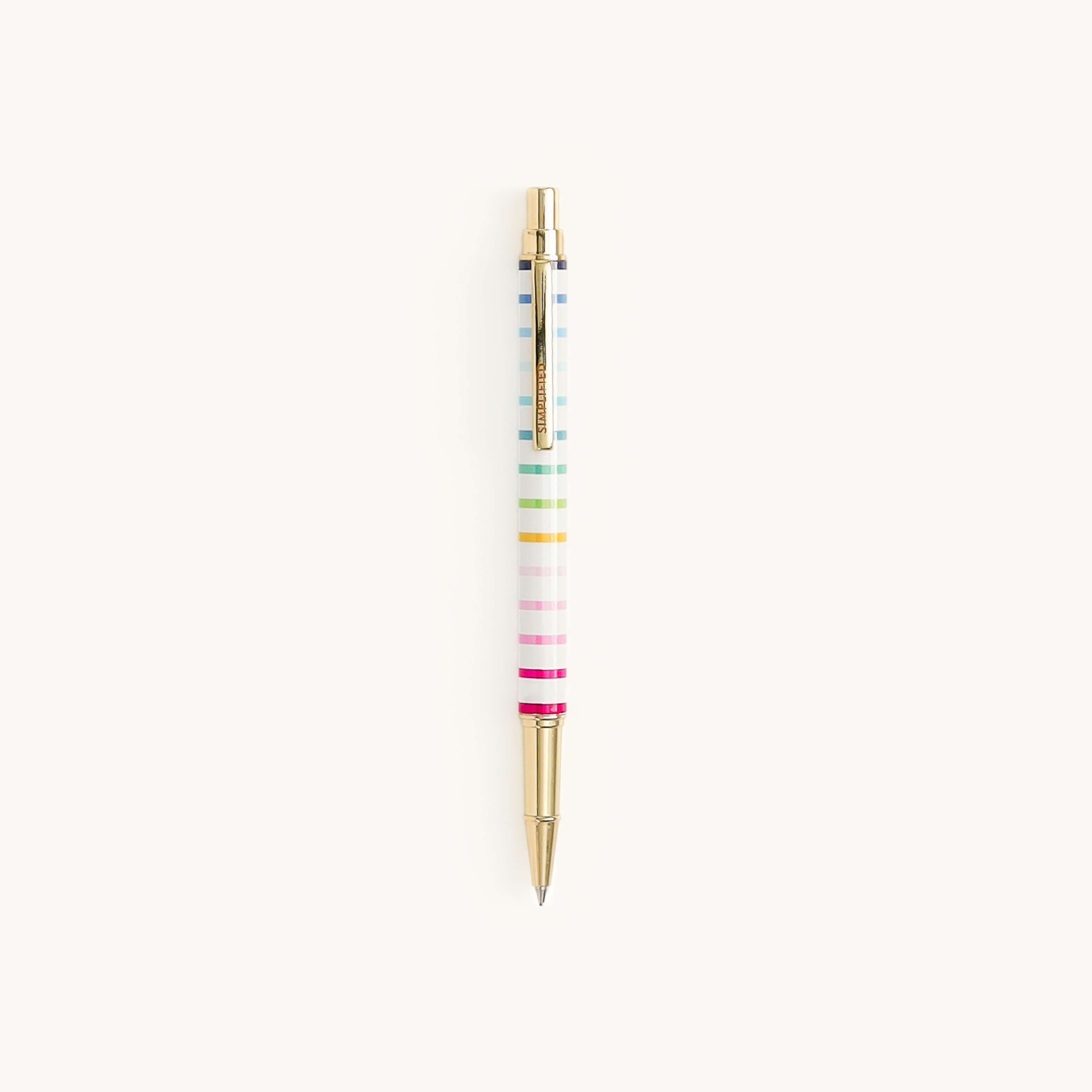 Simplified by Emily Ley | Mechanical Pencil in Happy Stripe design featuring gold details and a gold clip.