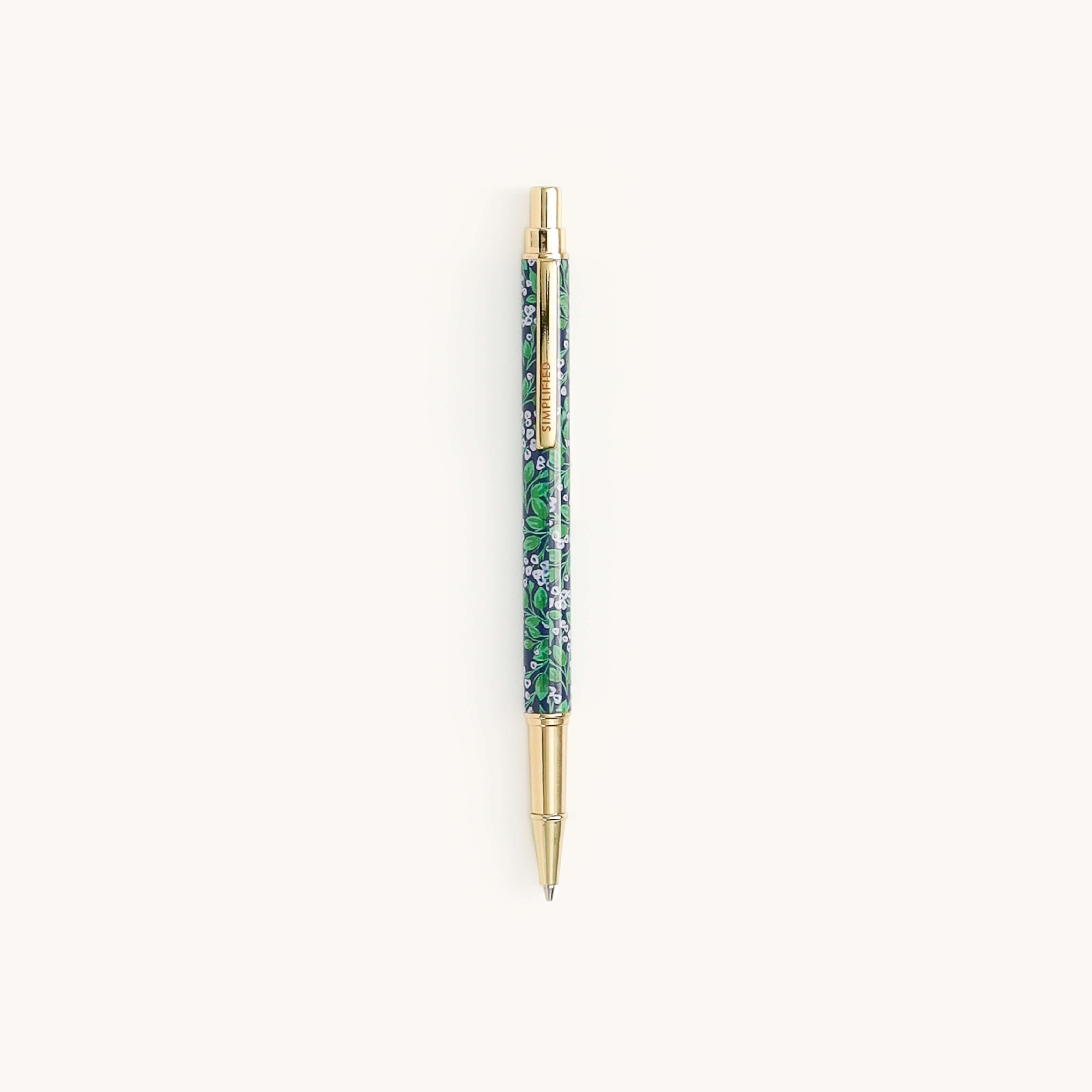 Simplified by Emily Ley | Mechanical Pencil in Misty Meadows design featuring gold details and a gold clip.