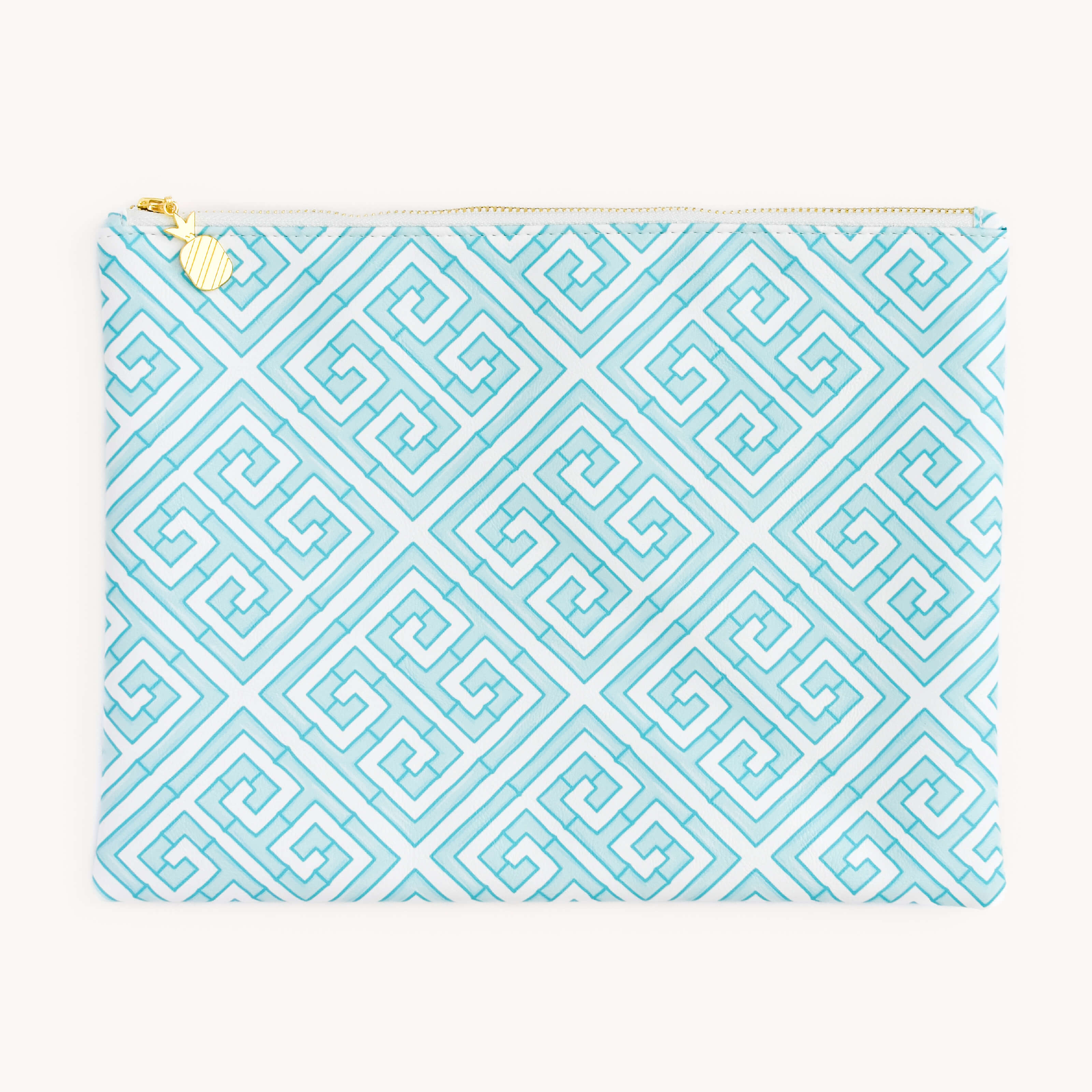 Simplified Mint Mandalay Planner Pouch featuring a durable leatherette exterior, shiny gold zipper teeth and a pineapple-shaped gold zipper pull.