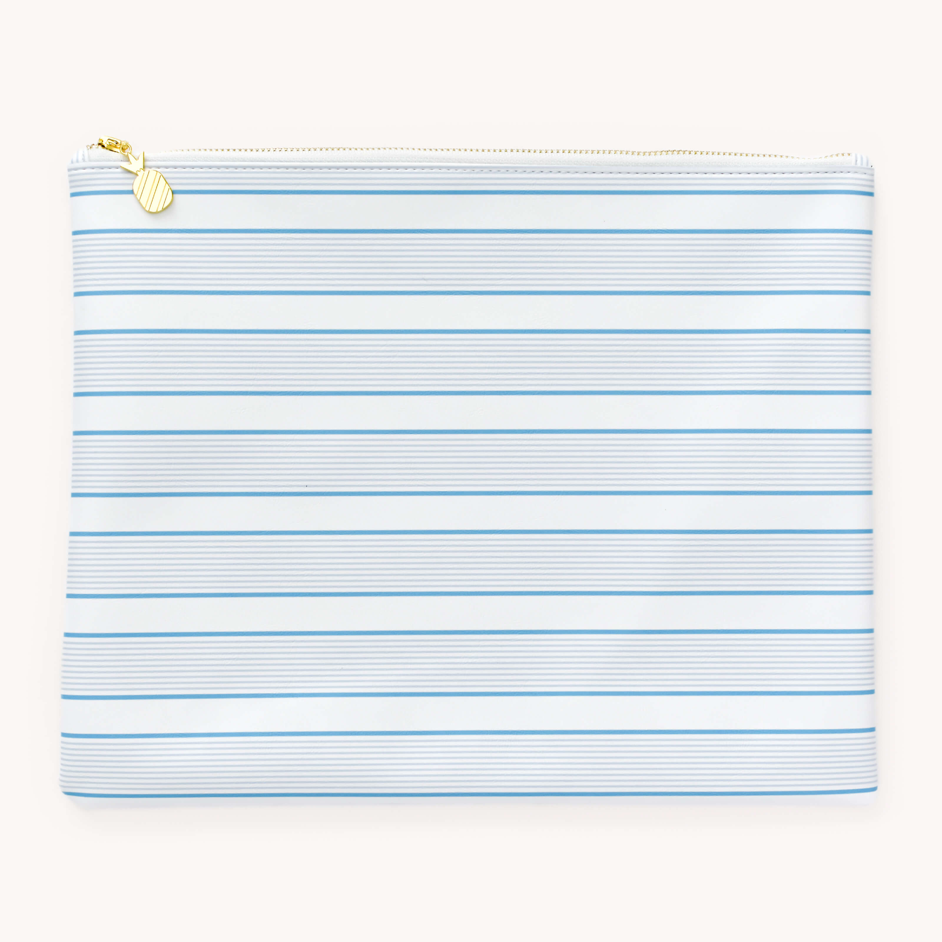 Simplified Azure Stripe Teacher Planner Pouch featuring a durable leatherette exterior, shiny gold zipper teeth and a pineapple-shaped gold zipper pull.