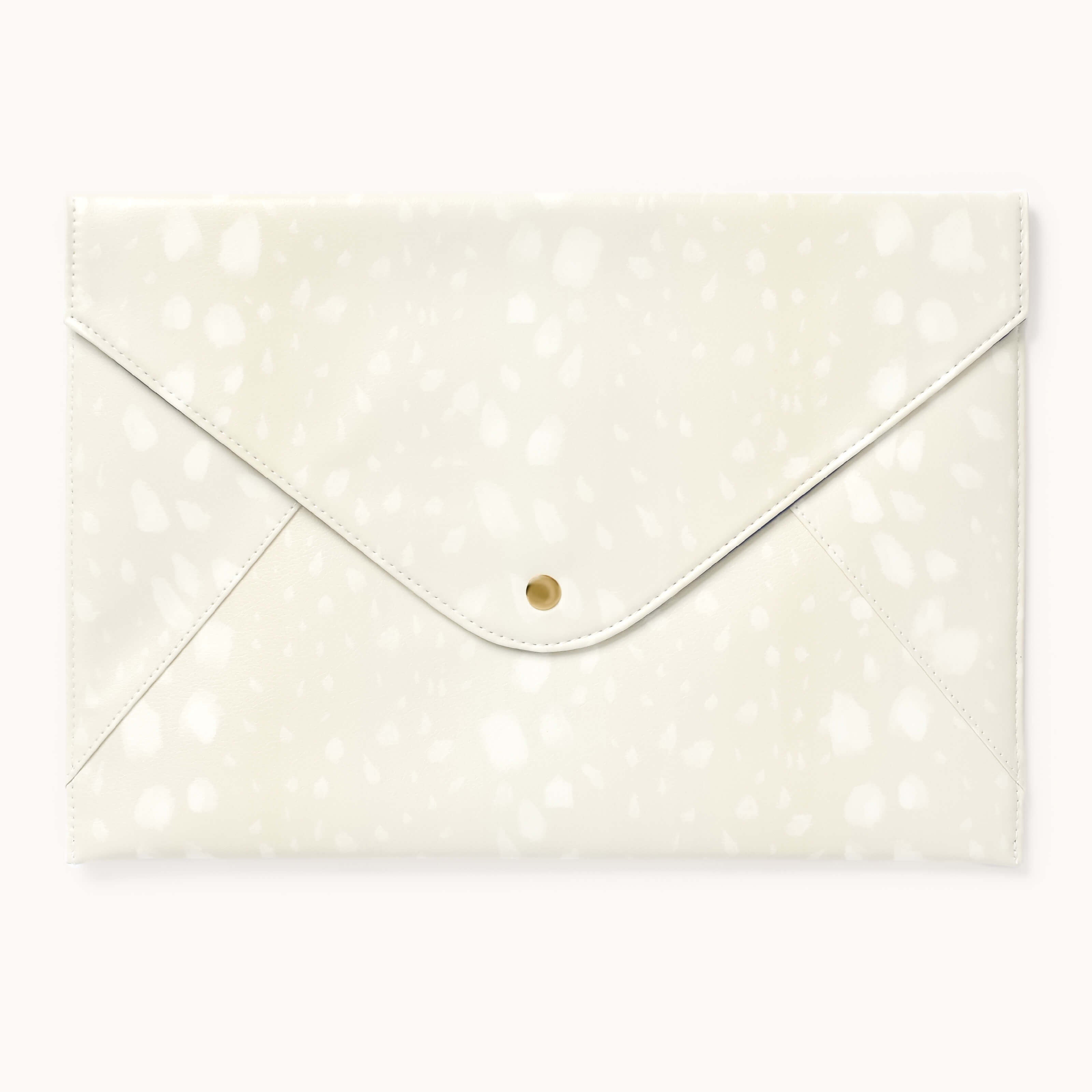 The Simplified Leatherette Tech Case in Ivory Antelope is an envelope-style clutch featuring a hand-painted design and a gold magnetic closure for elegance and security.