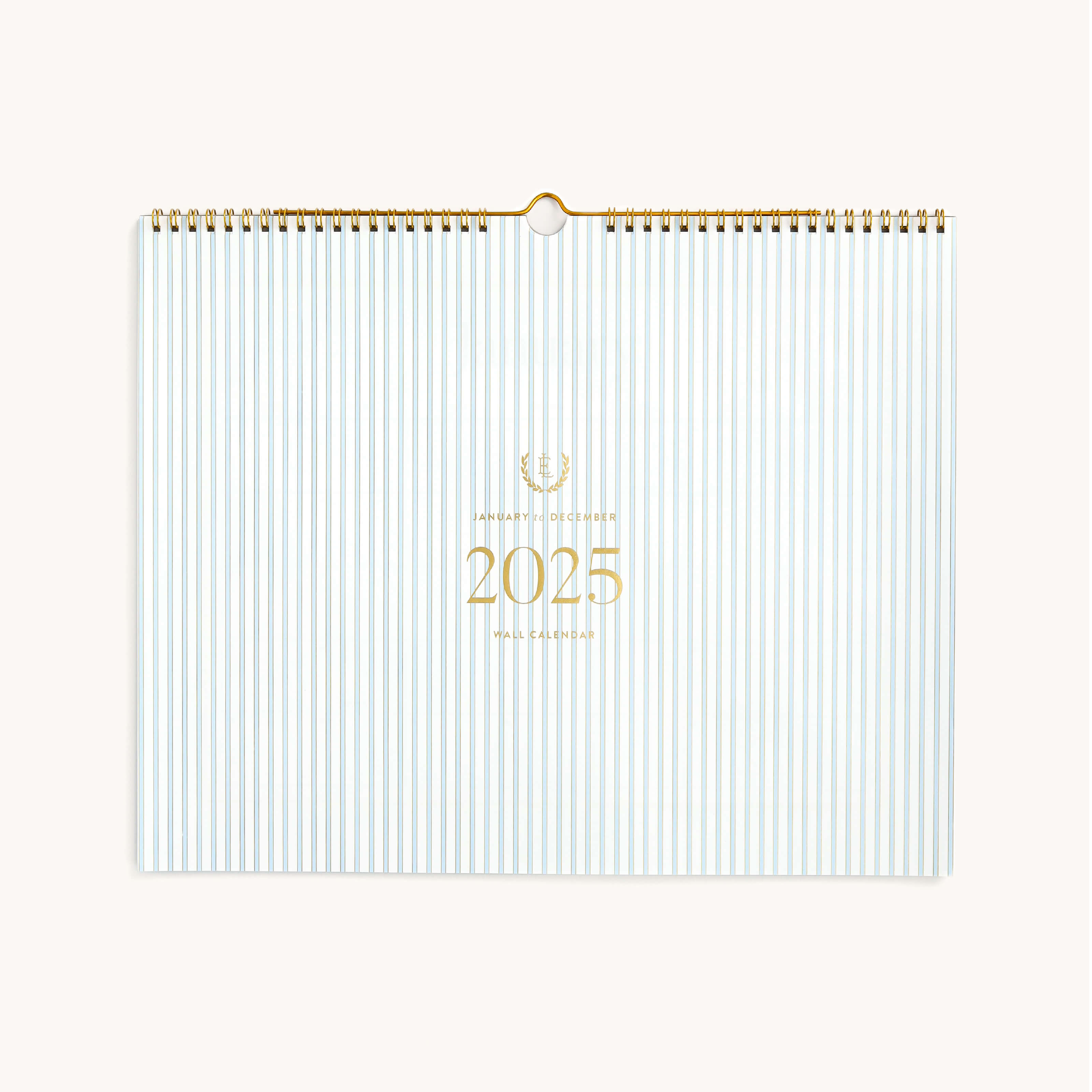 2025 Horizontal Wall Calendar by Emily Ley featuring the Carolina pinstripe design with gold foil details and gold wire-o binding