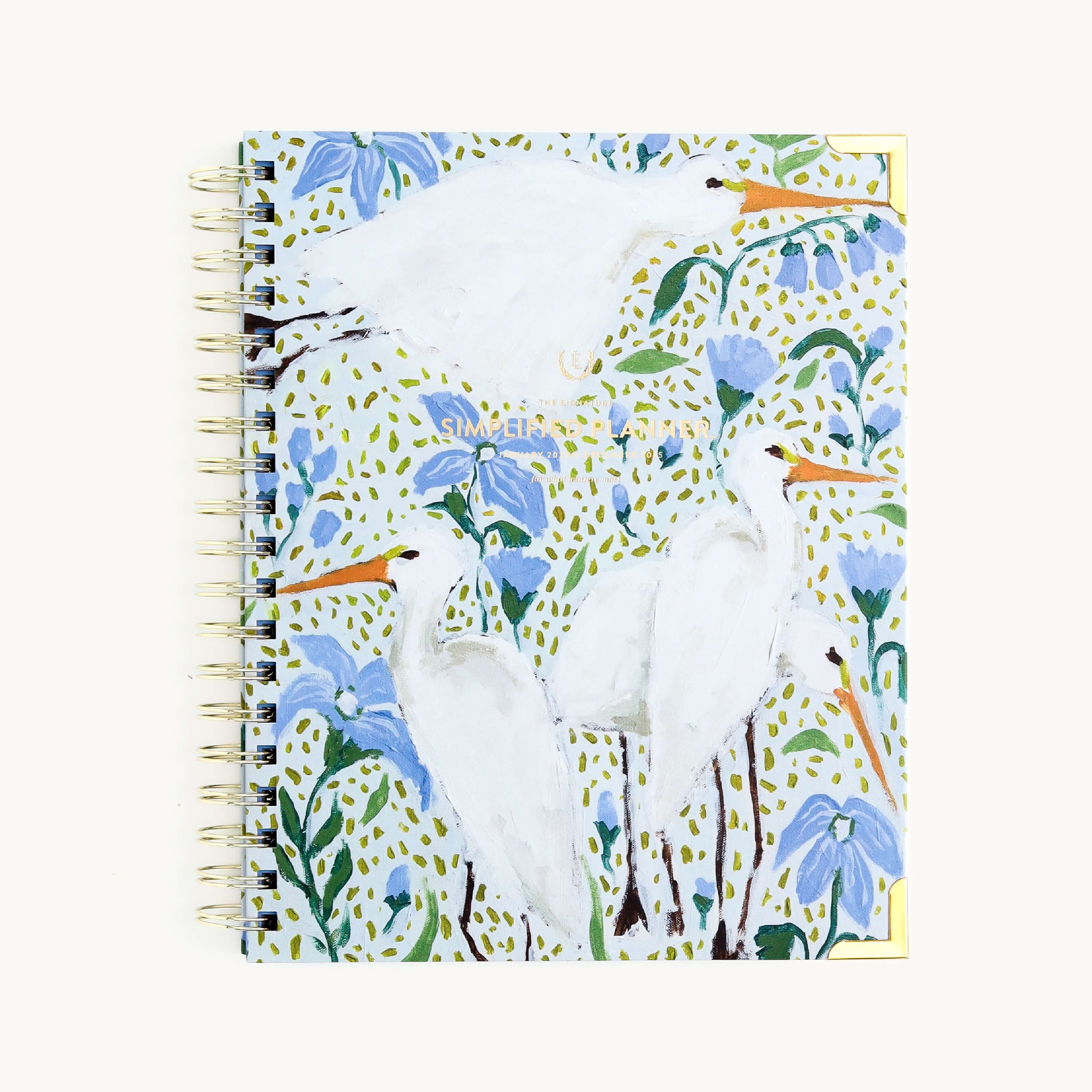 2025 Calendar Year Weekly Simplified Planner by Emily Ley featuring the Beaufort Birdies cover design with gold foil details.