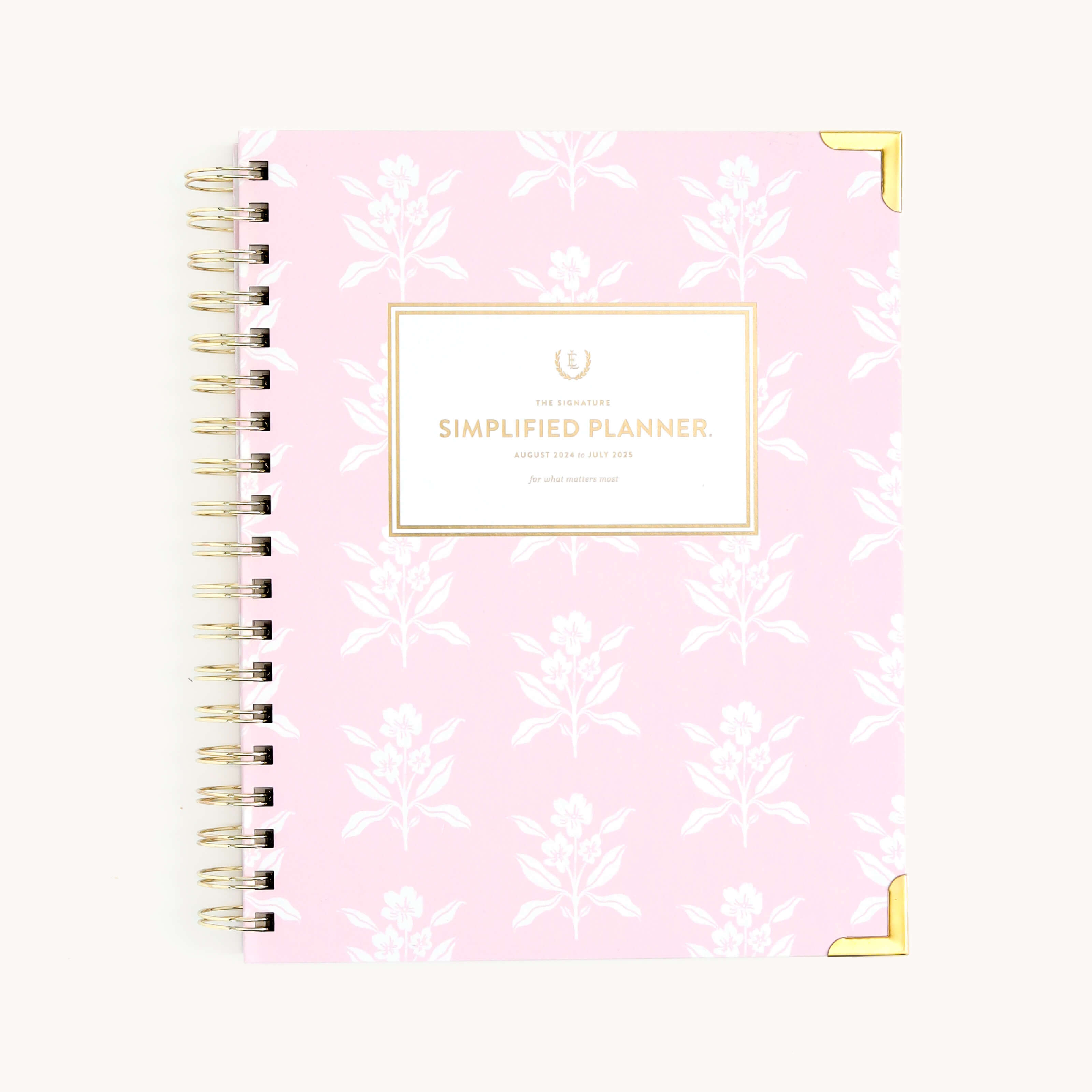 2024-2025 Academic Year Weekly Simplified Planner by Emily Ley featuring the Blush Block cover design with gold foil details.