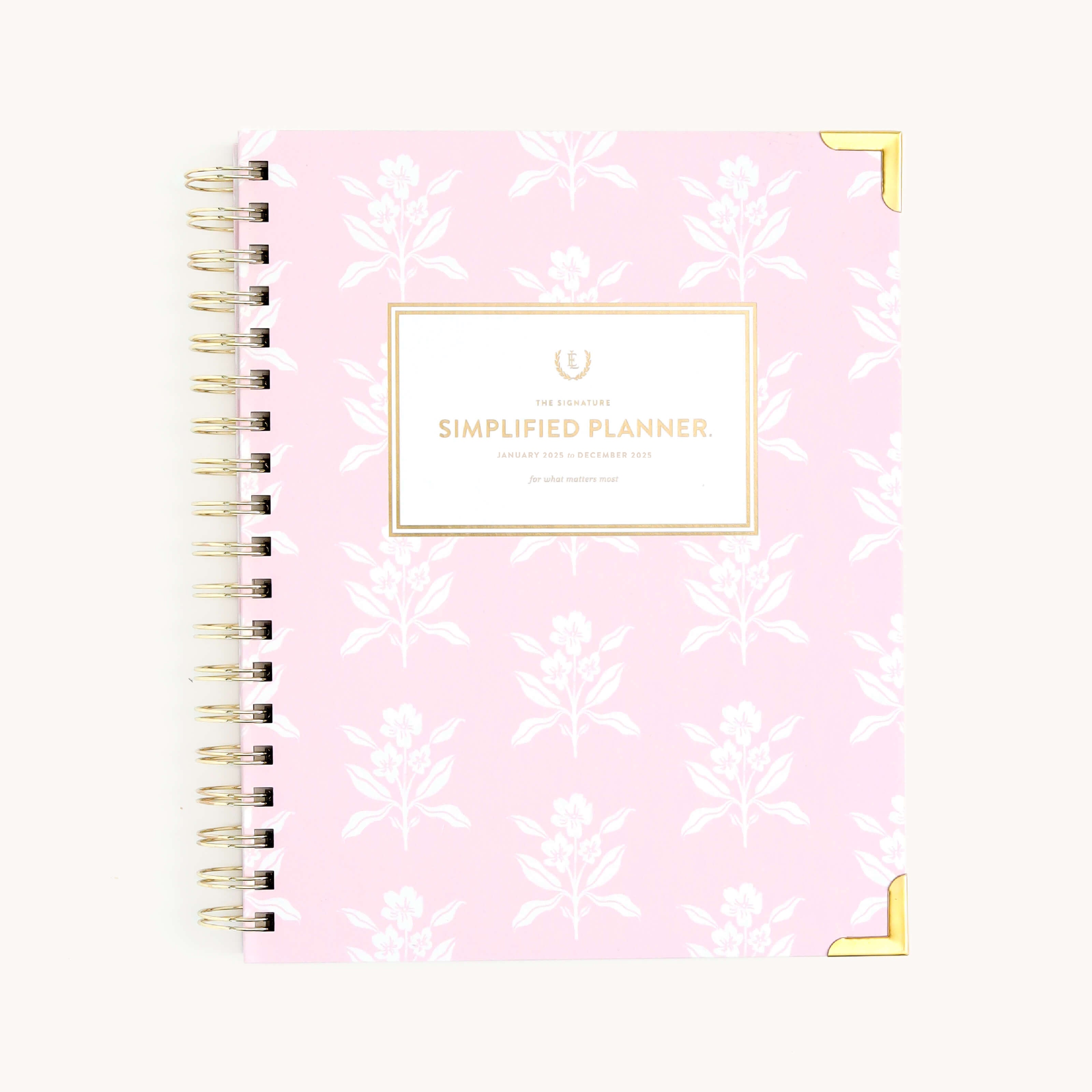 2025 Calendar Year Weekly Simplified Planner by Emily Ley featuring the Blush Block cover design with gold foil details.