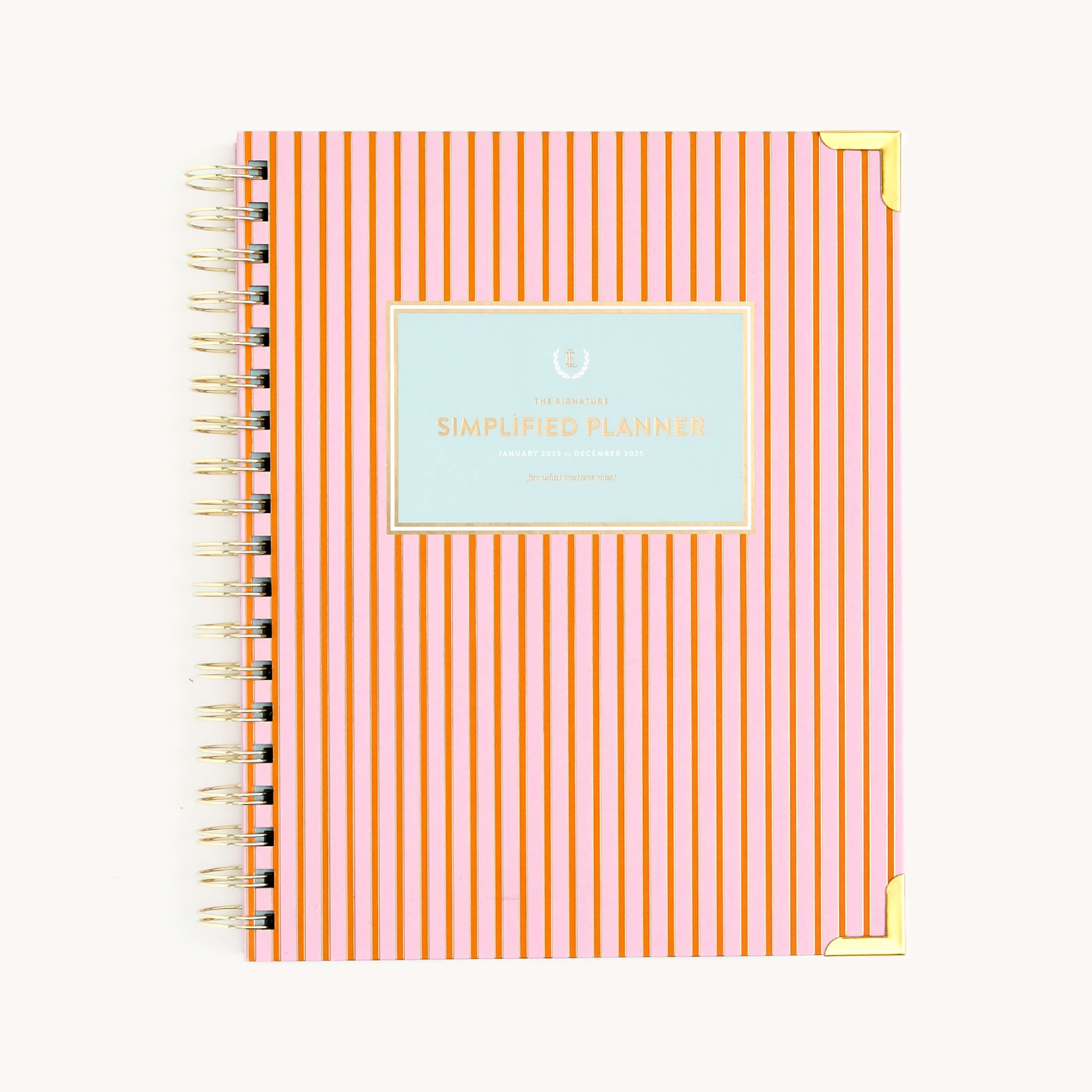 2025 Calendar Year Weekly Simplified Planner by Emily Ley featuring the Cabana Pinstripe cover design with gold foil details.