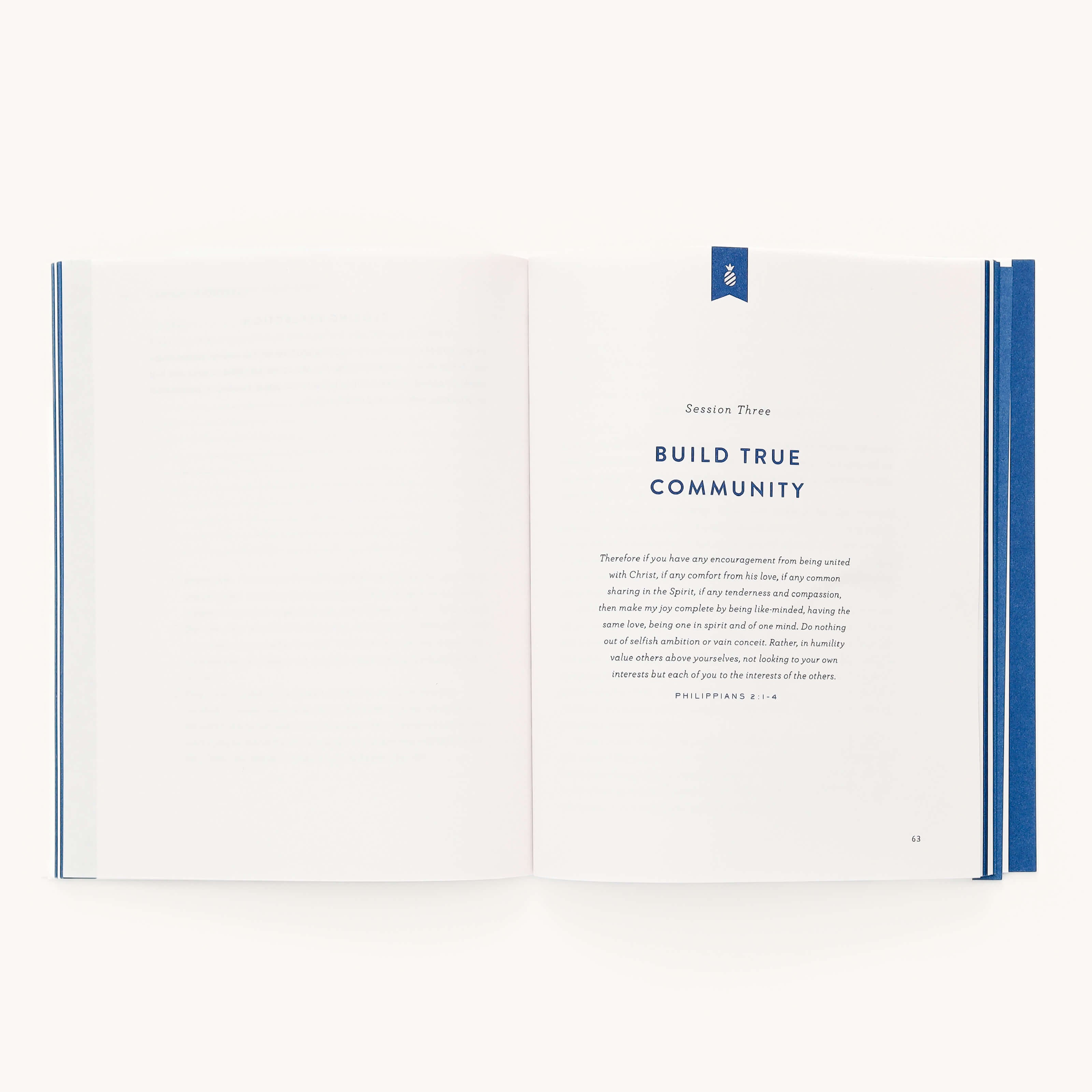 A chapter in the Grace Not Perfection Study Guide by Emily Ley, branded by Simplified, showcases Build True Community. Its white pages with blue borders and a small bookmark ribbon offer thoughtful personal insights to simplify your life, resembling a bible study guide.