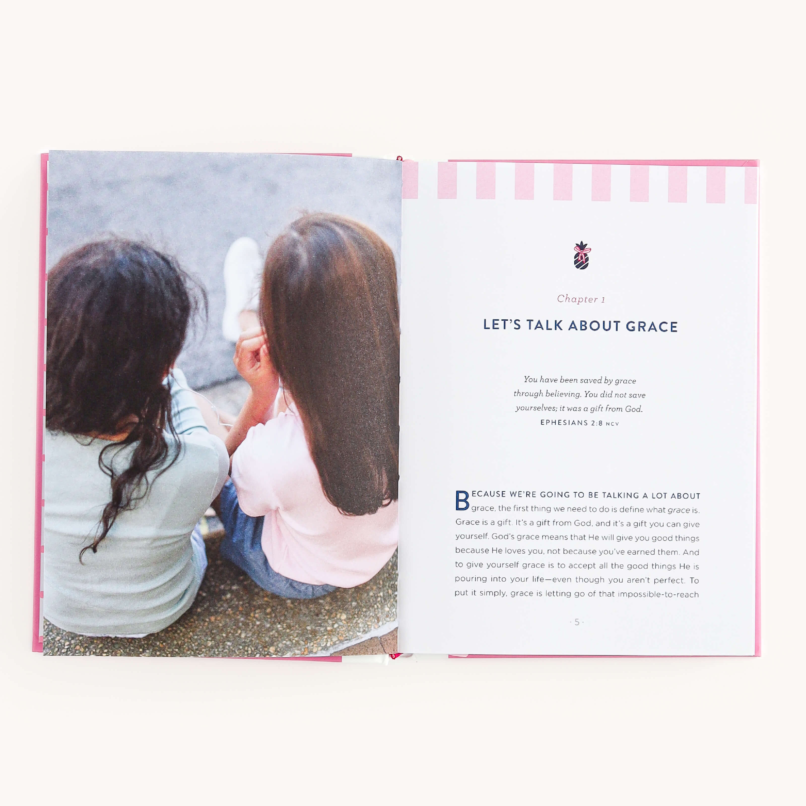 An open book titled Grace Not Perfection for Young Readers by Emily Ley features a chapter Lets Talk About Grace with an Ephesians 2:8 quote. On the left, a photo shows two women sitting on grass, one in white and the other in pink, emitting peace and self-care vibes.