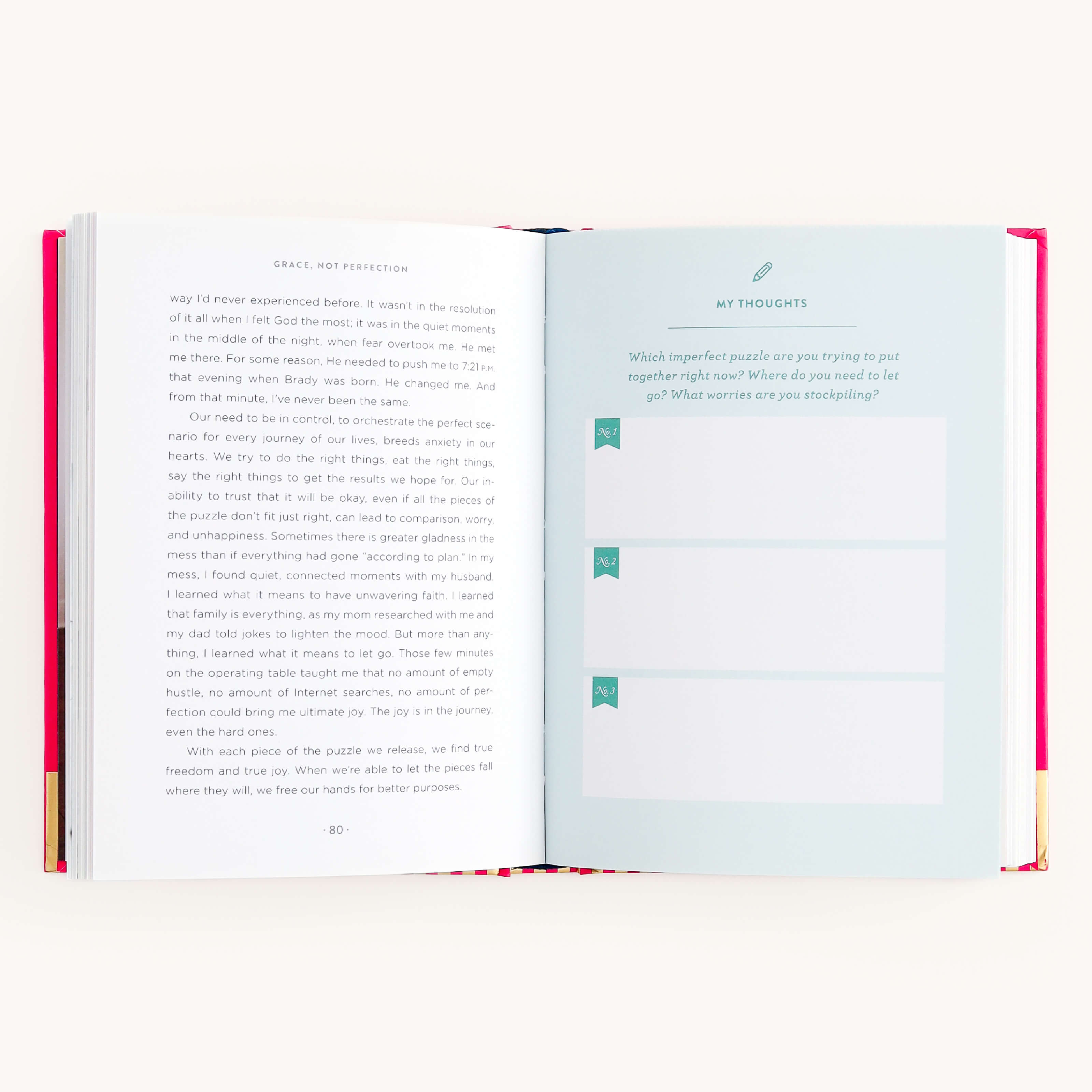 An open book features Grace Not Perfection by Emily Ley from Simplified. The left page, titled Embrace Imperfection, encourages acceptance, while the right offers My Thoughts, with fill-in sections for personal reflection to guide you toward a more fulfilling life.