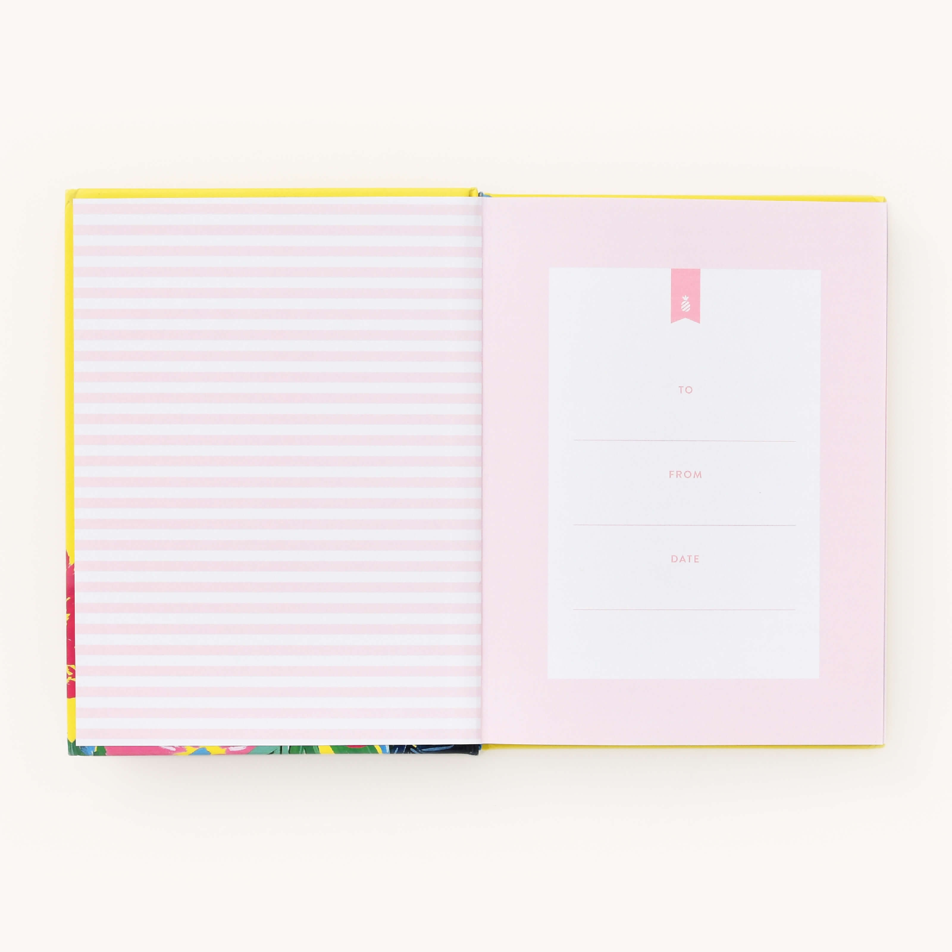 The book Growing Boldly by Emily Ley, from the Simplified brand, features a vibrant yellow cover. Inside, pink and white striped endpapers greet you, with the right page offering pink spaces labeled To, From, and Date for personal notes or stories of courage.