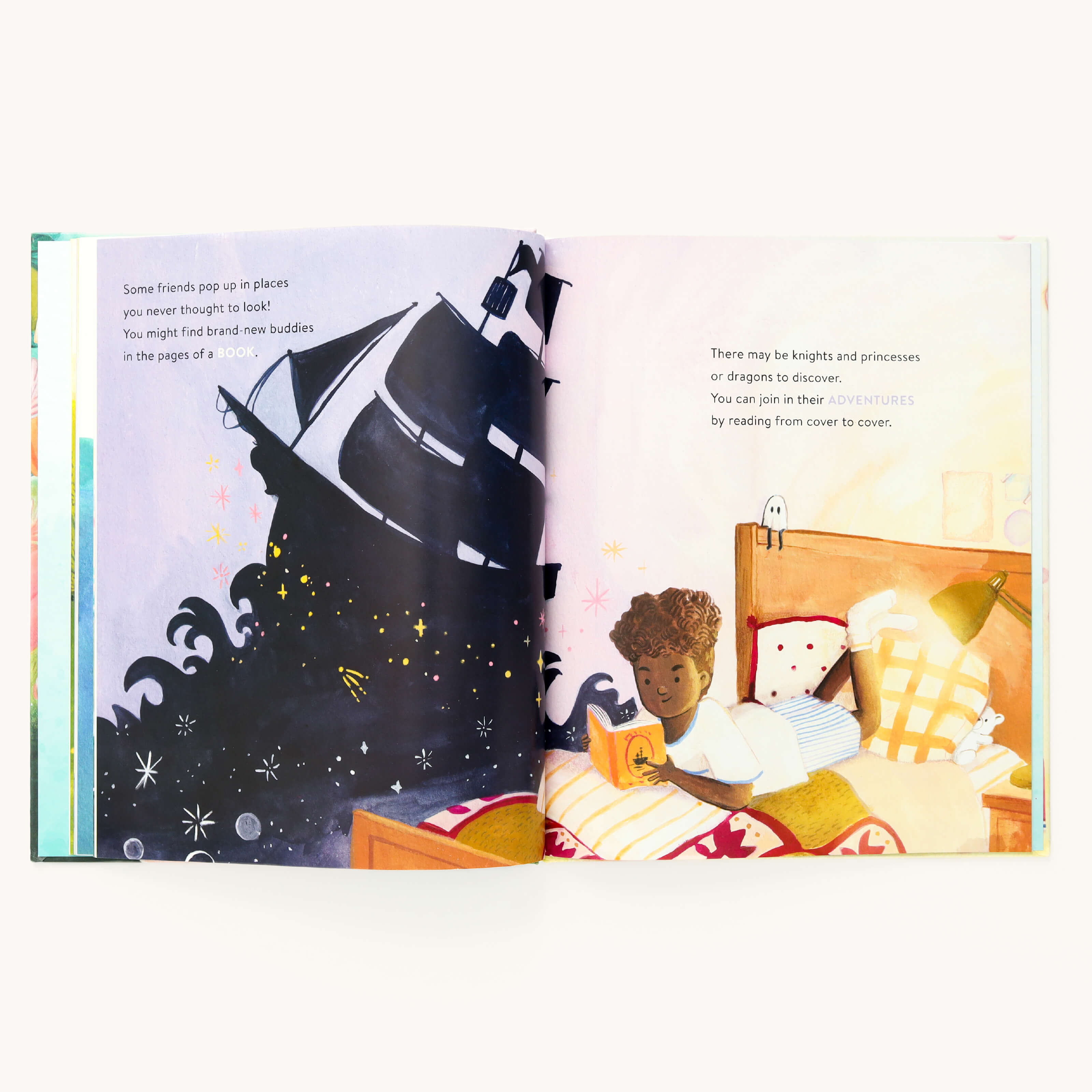 An open book shows a child reading in bed, the left page illustrates a ship in a starry sky symbolizing friendship voyages. The right displays the young reader with pillows and blankets, detailing book adventures in Youll Always Have A Friend - Signed Copy by Simplified.