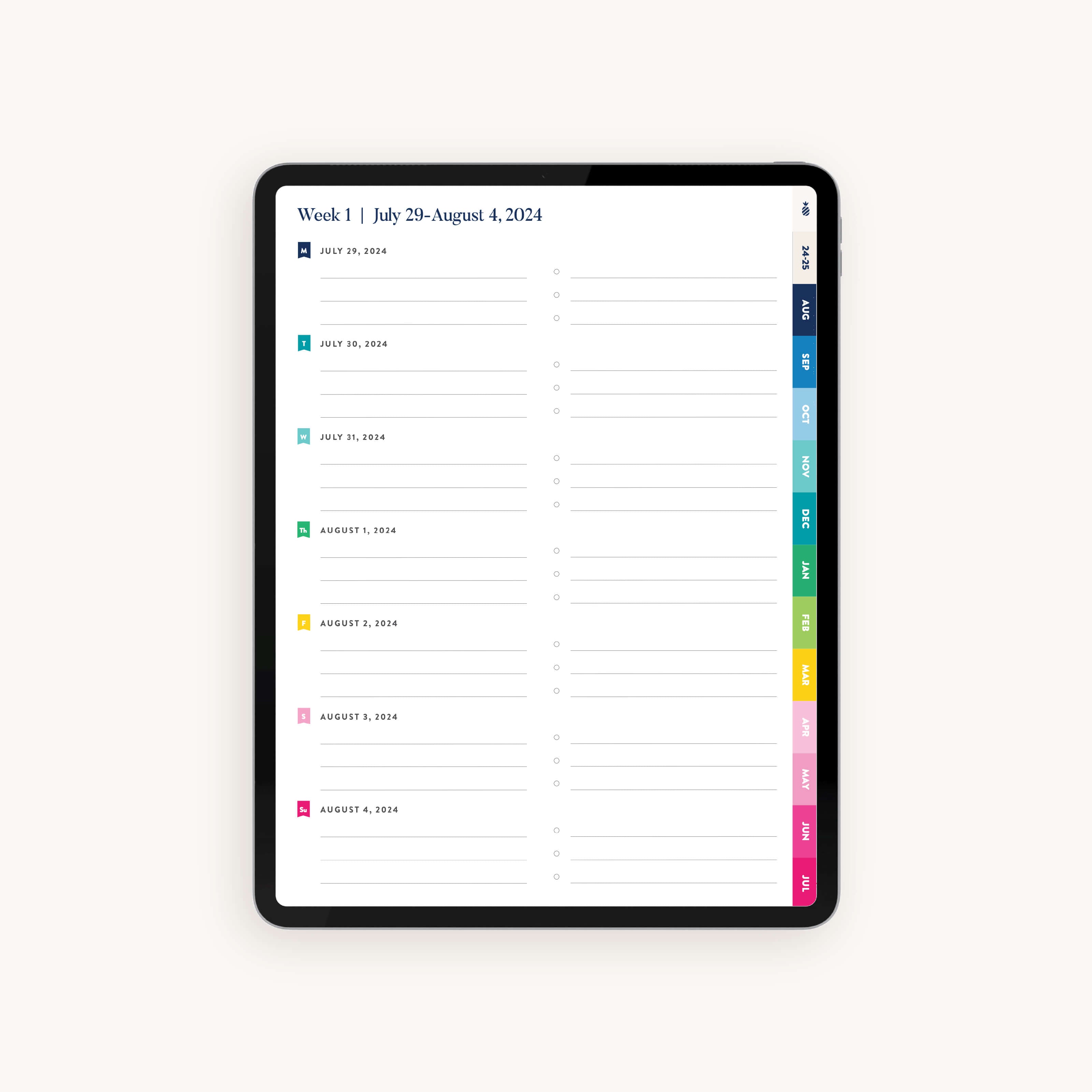 Weekly planning pages in the 2024-2025 Digital Simplified Planner with sections for daily tasks, appointments, and priorities, designed for efficient digital organization.