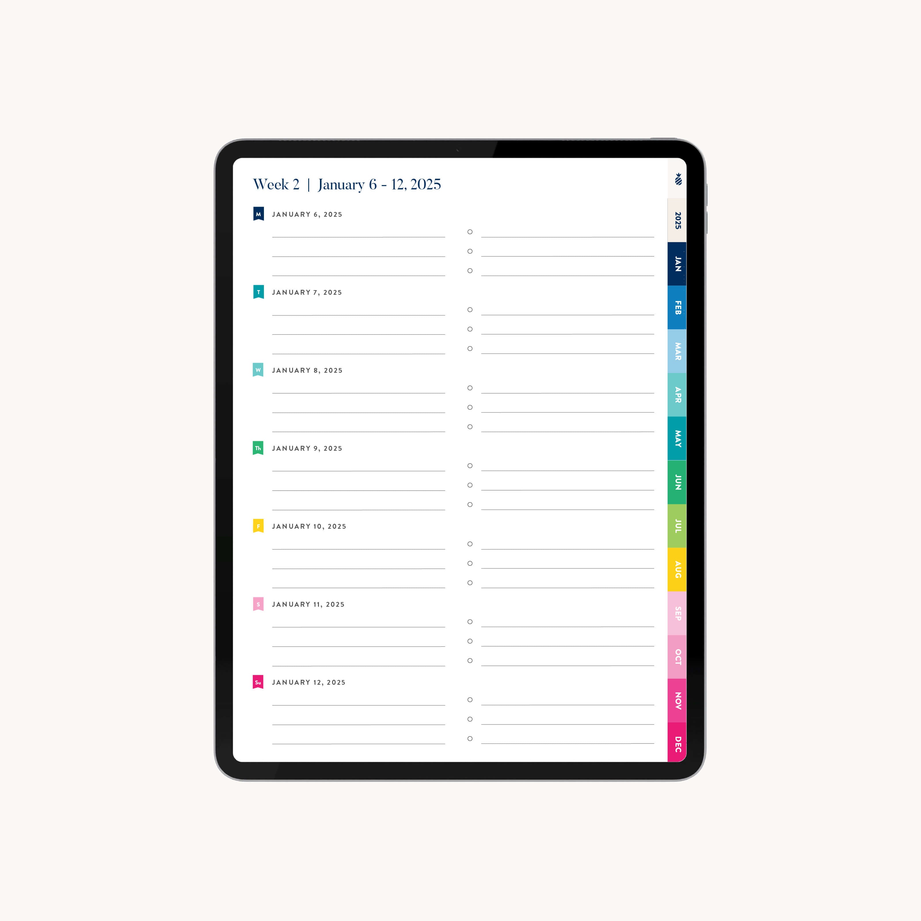 Weekly planning pages in the 2025 Digital Simplified Planner with sections for daily tasks, appointments, and priorities, designed for efficient digital organization.