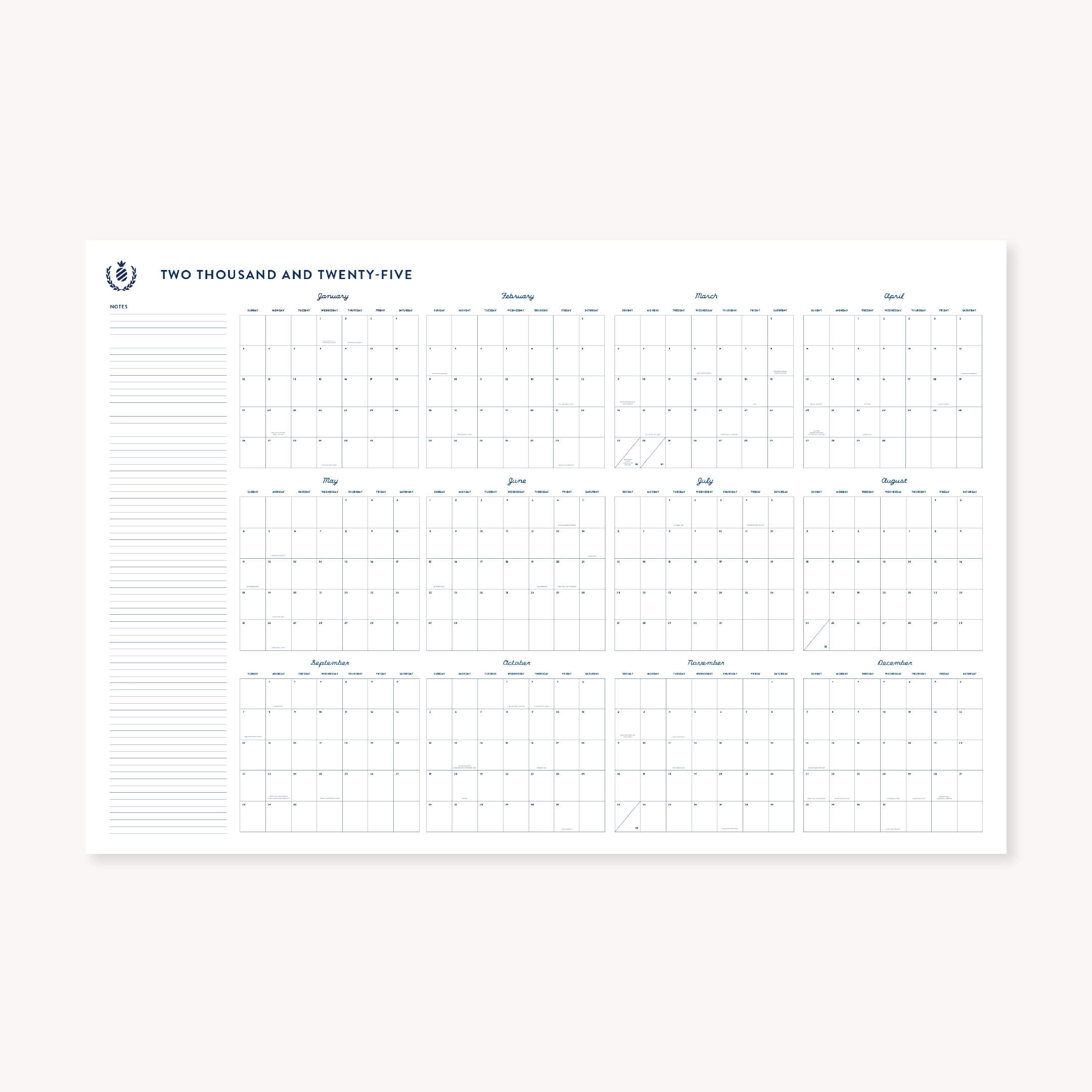 The Simplified 2025 Wall Calendar - Printable is a minimalist digital download displaying all 12 months in grids, with days arranged in rows and columns. A notes section is on the left, and Two Thousand and Twenty-Five elegantly sits at the top.