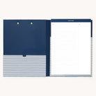 Clipfolio - Blue Pineapples features an open navy design with striped pocket on the left and lined notepad on the right. The notepads header reads Simplified with sections for Name and Date, ideal for organizing notes.