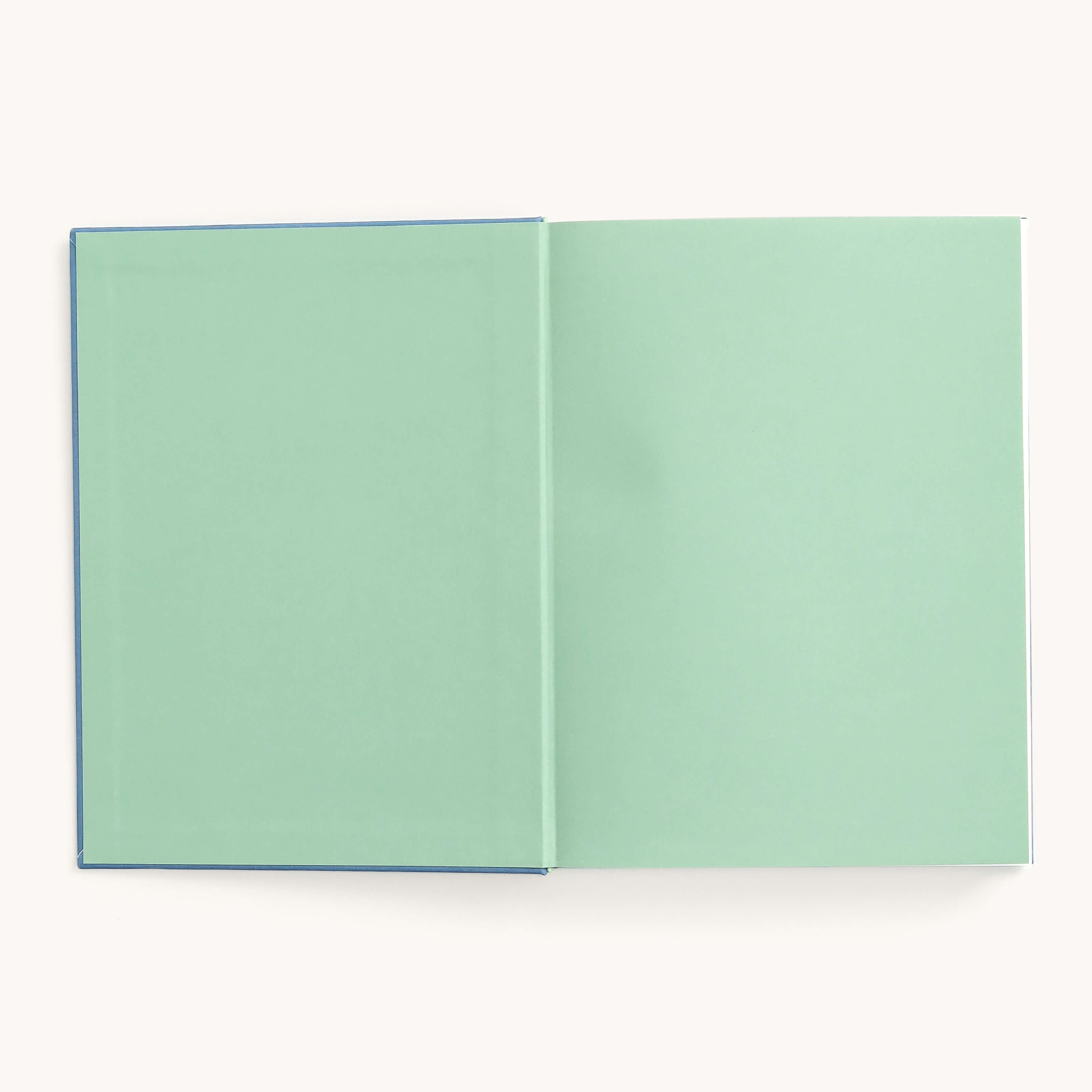 A Bullet Journal - French Blue from Simplified, featuring a plain light green cover and matching dot-grid pages, lies flat on a neutral background, highlighting its minimalistic design.