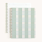 The two classic Simplified Notebook - Pistachio Plaid items feature soft-touch green plaid covers with a gold emblem and gold wire-o binding. One notebook is open, showing lined pages with Name and Date fields at the top against a plain white background.