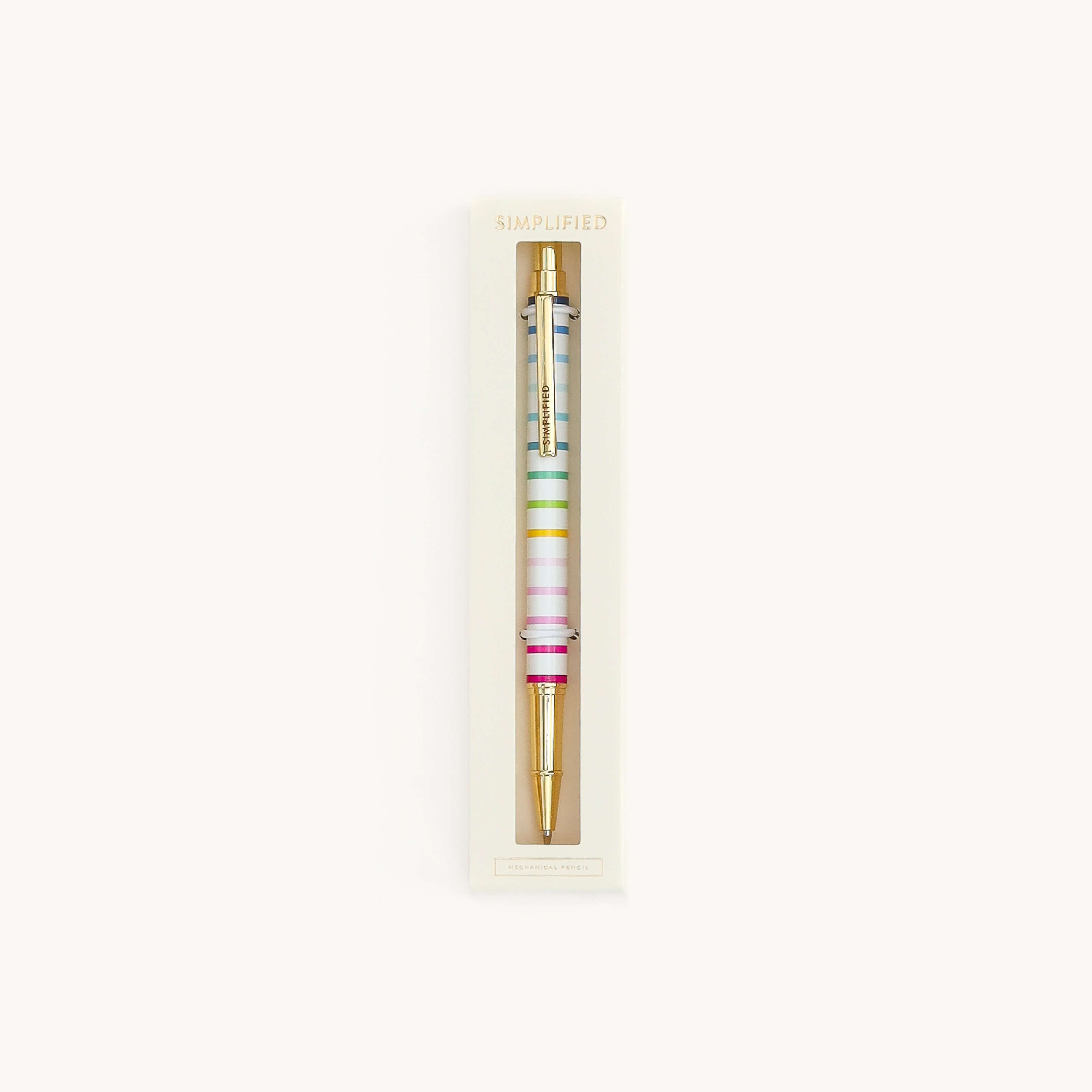 Simplified by Emily Ley | Mechanical Pencil in Happy Stripe design nested in ivory box with clear view window. 