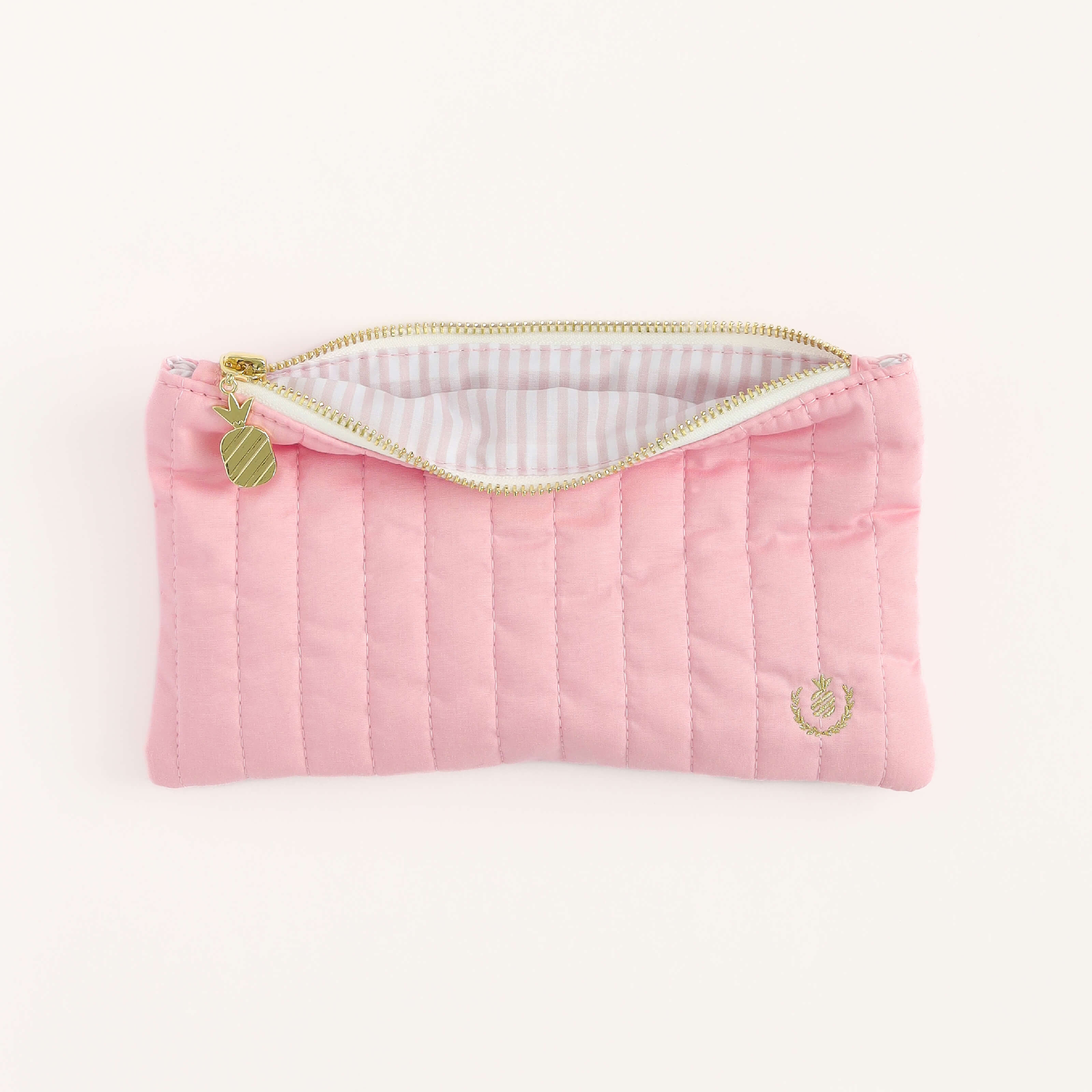 Interior view of the Blush Quilted Pencil Pouch showcasing the blush and white striped liner.