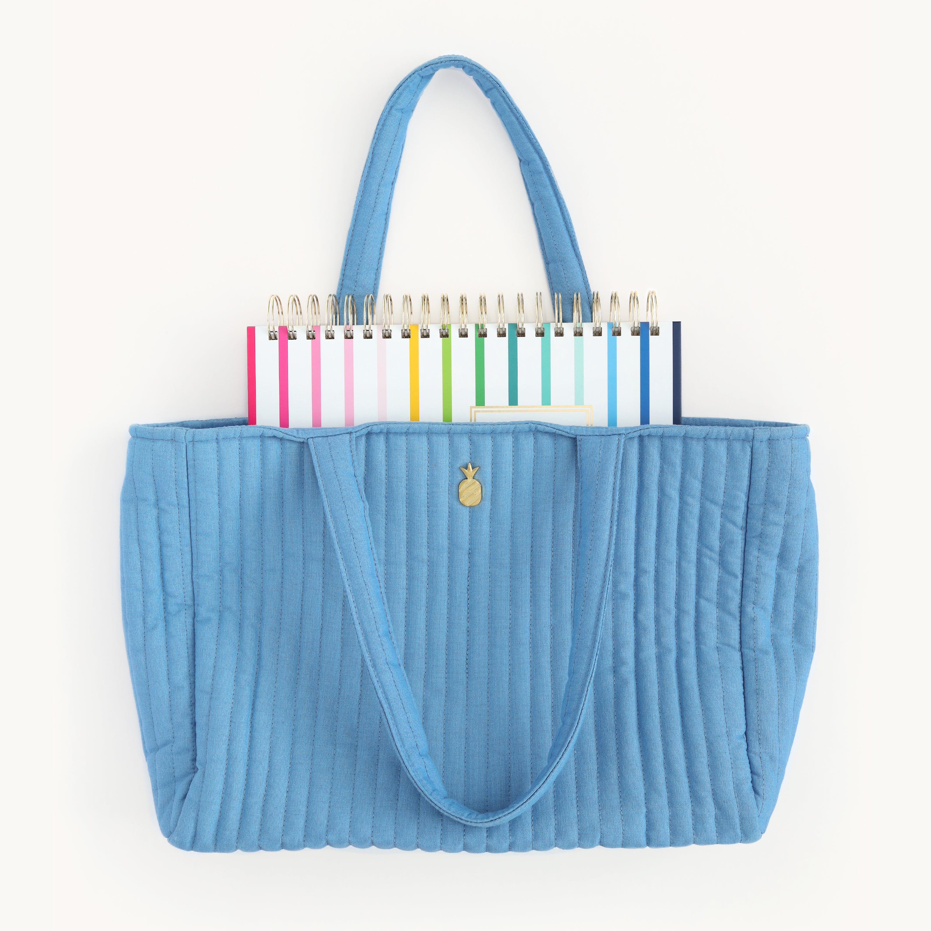 Simplified Teacher Planner fitting spaciously inside the Quilted Tote Bag in French Blue.