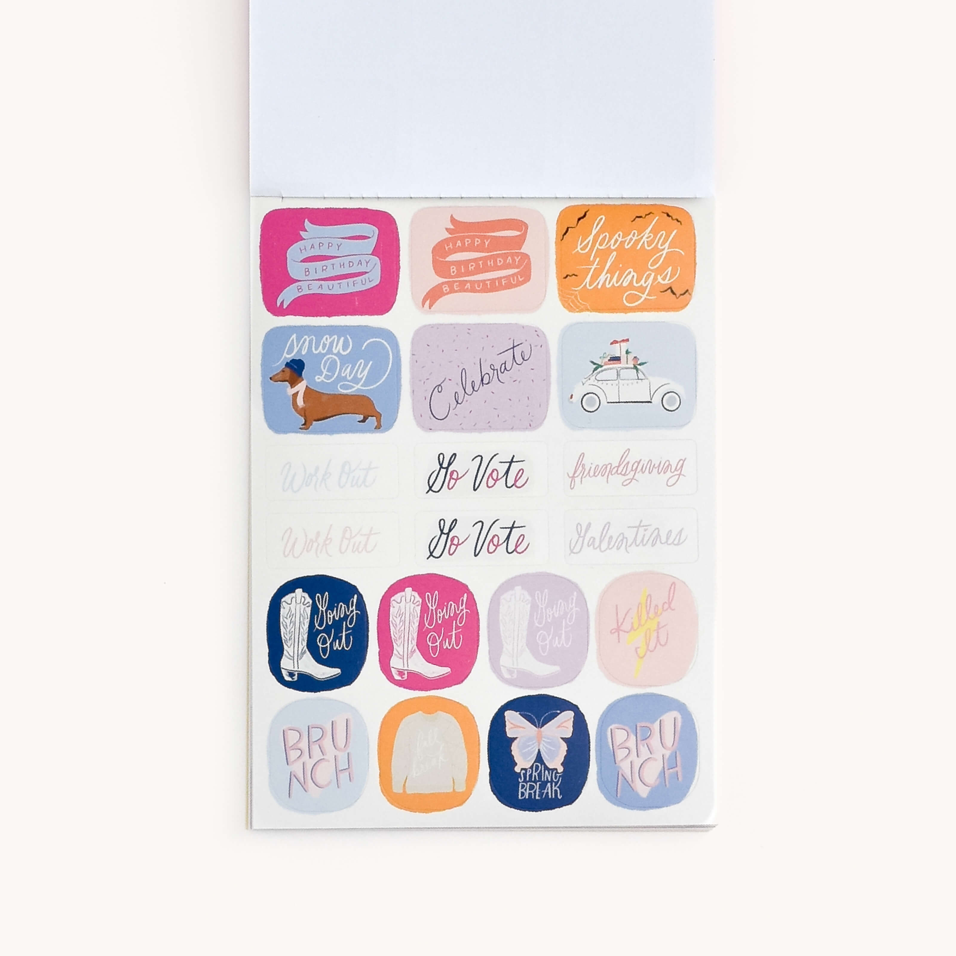 Example assortment of themed hand-drawn stickers from the College Sticker Book