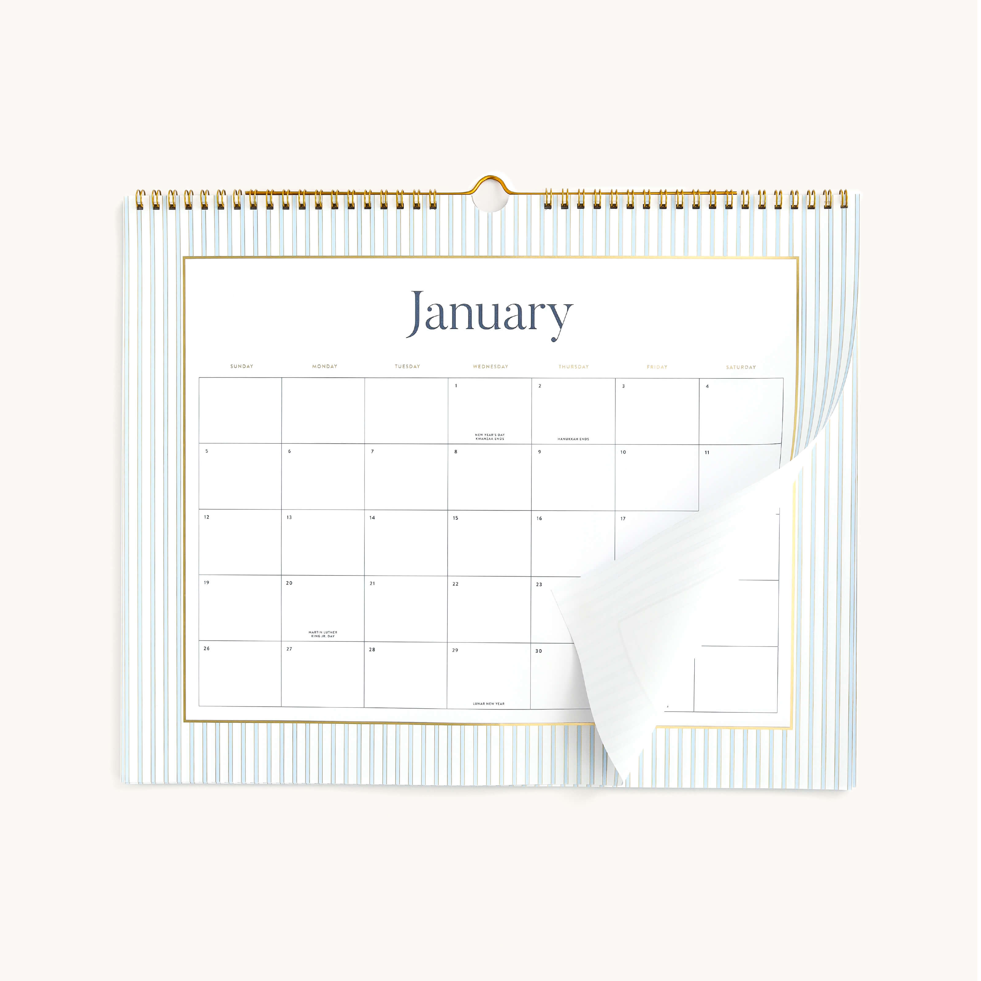 2025 Horizontal Wall Calendar by Emily Ley featuring the Carolina pinstripe open to a month spread 