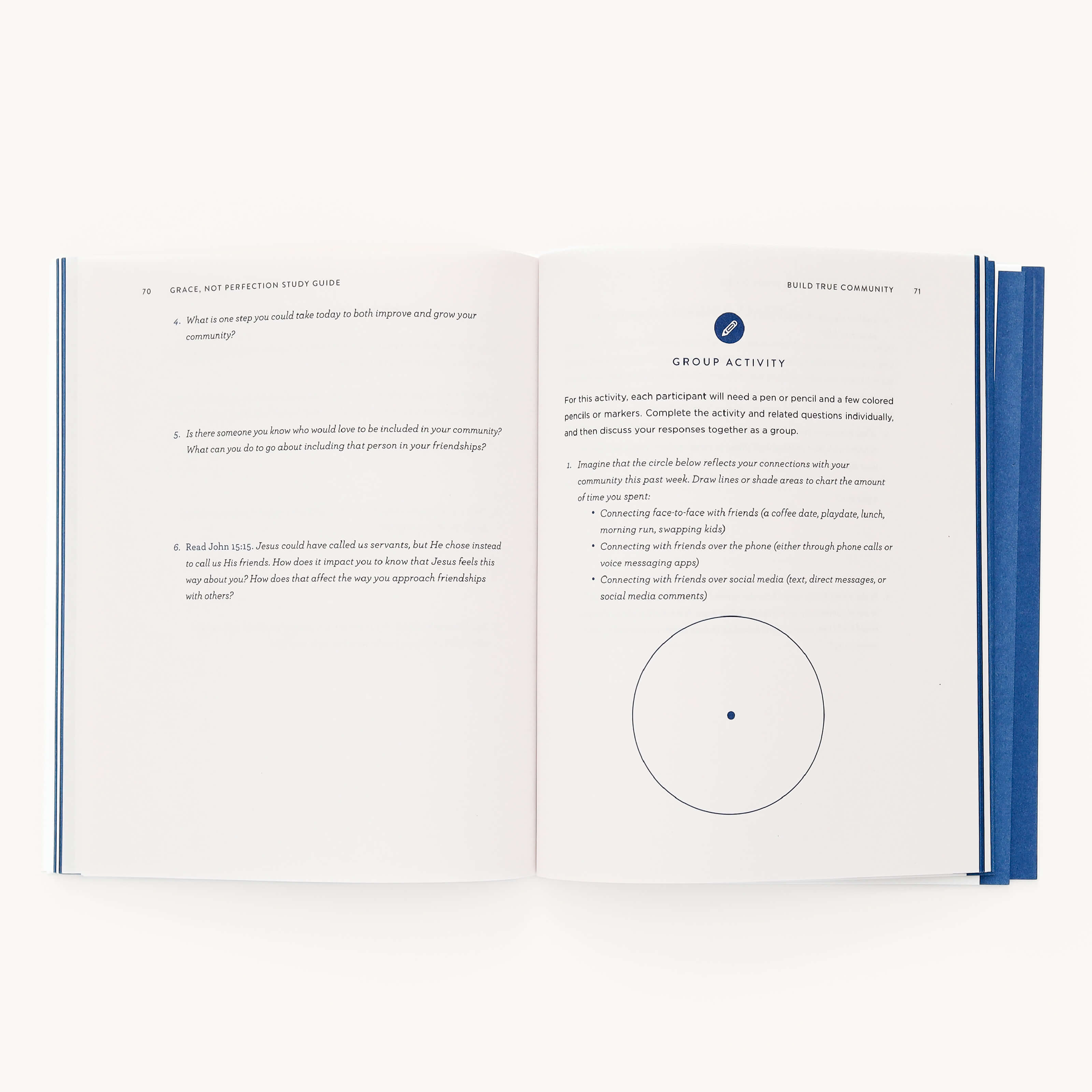 An open Grace Not Perfection Study Guide by Simplified lies on a light background. The left page shows questions, personal insights, and a Bible verse, while the right page has Group Activity, bullet points, and a circular diagram. Calmness is added by its blue spine.