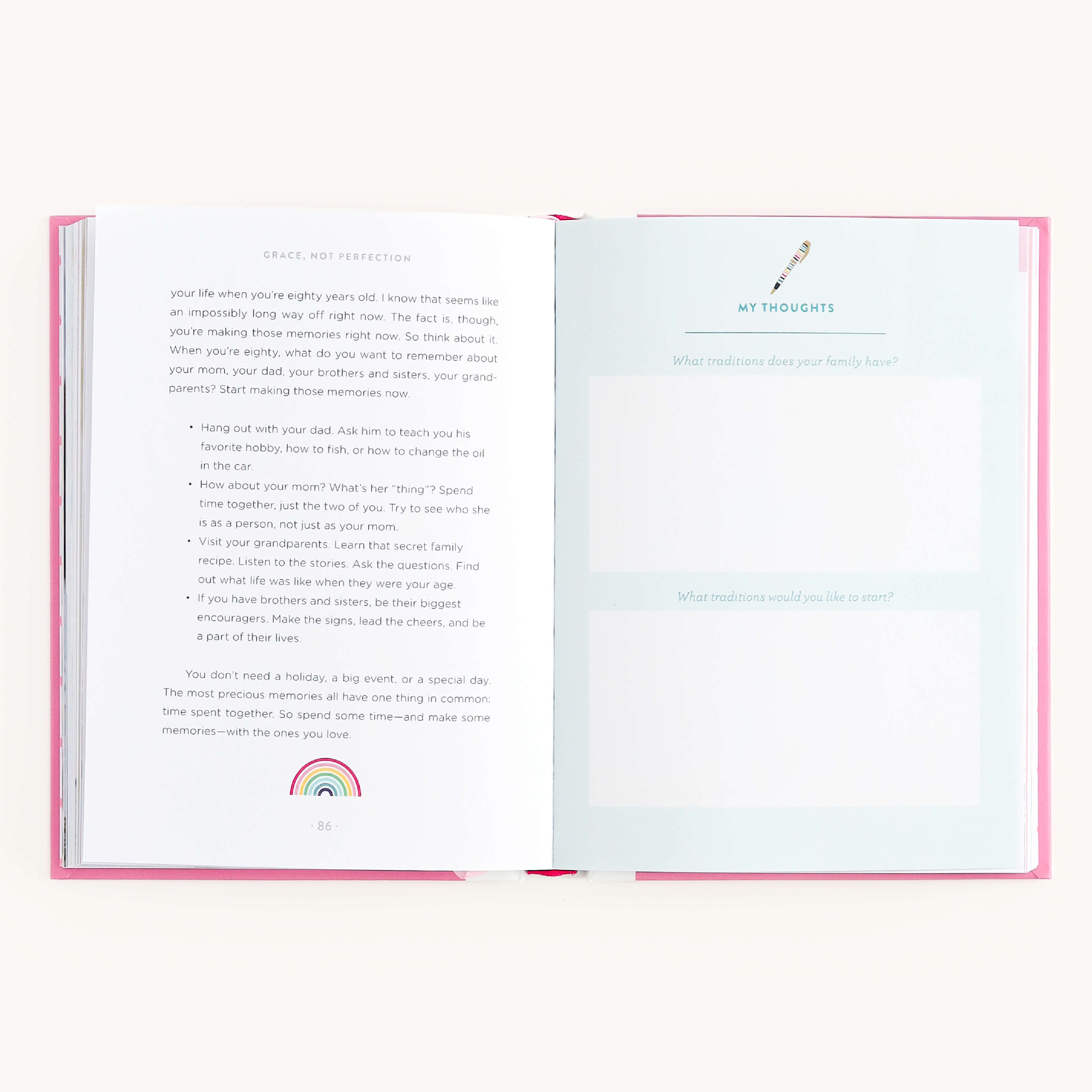 The book Grace Not Perfection for Young Readers by Emily Ley, from Simplified, features two open pages: the left highlights spending time with family with a rainbow illustration, and the right titled My Thoughts has two empty boxes for reflections and personal writing.