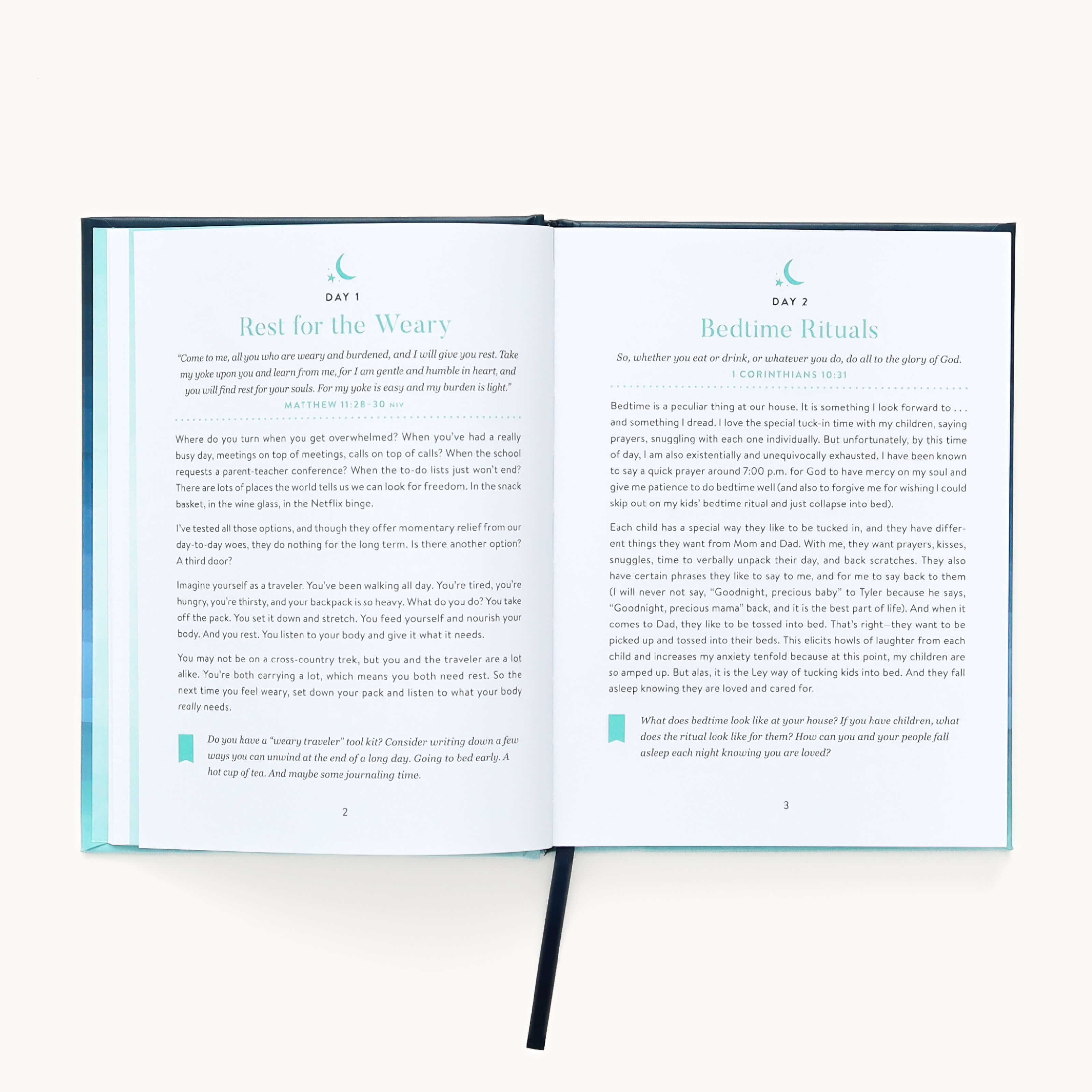 The book Near in the Night by Emily Ley, from Simplified, opens to pages titled Day 1: Calm for the Weary and Day 1: Evening Devotions, with green headings centered on a white background and a small crescent moon icon above each title.